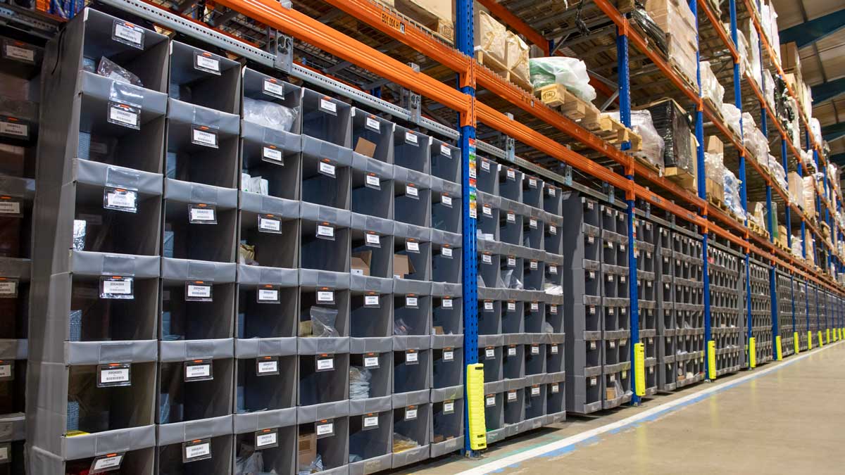 pallet rack bins arranged for fast restocks in a retail bin store