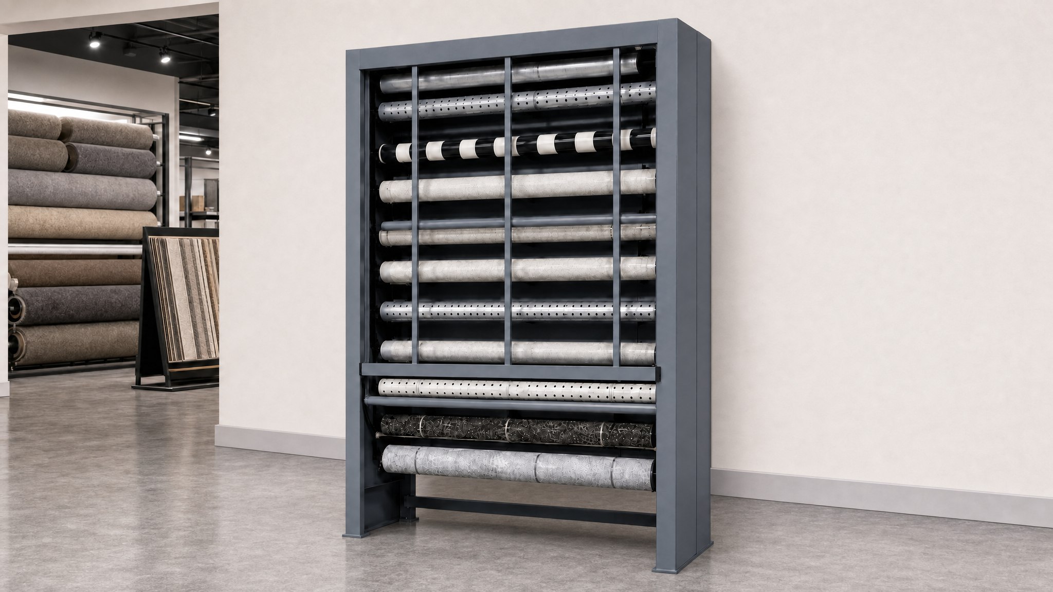Gray carpet carousel holding multiple rolls against a light wall in a showroom.