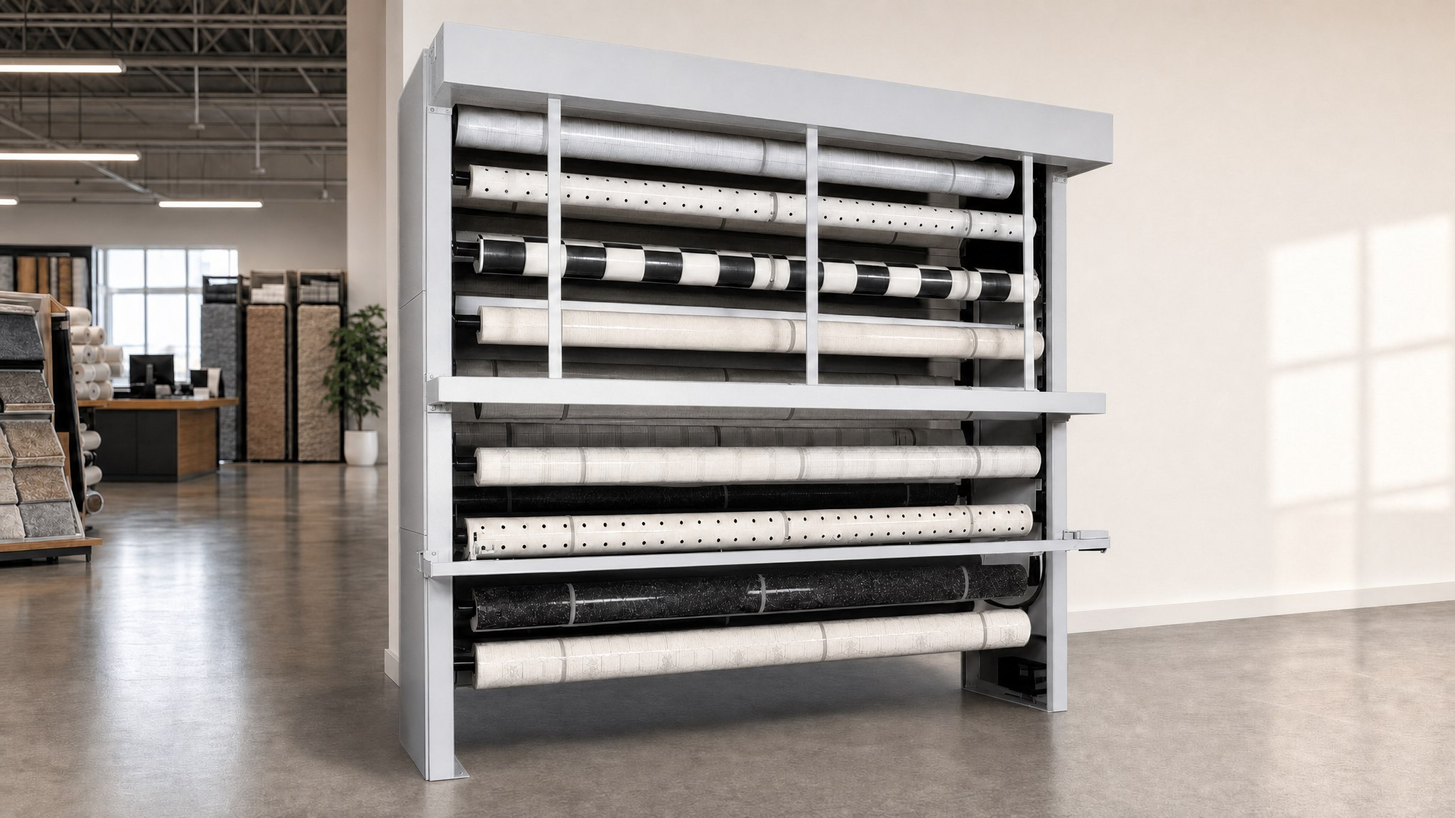 Large metal carousel rack holding multiple carpet rolls in a showroom.