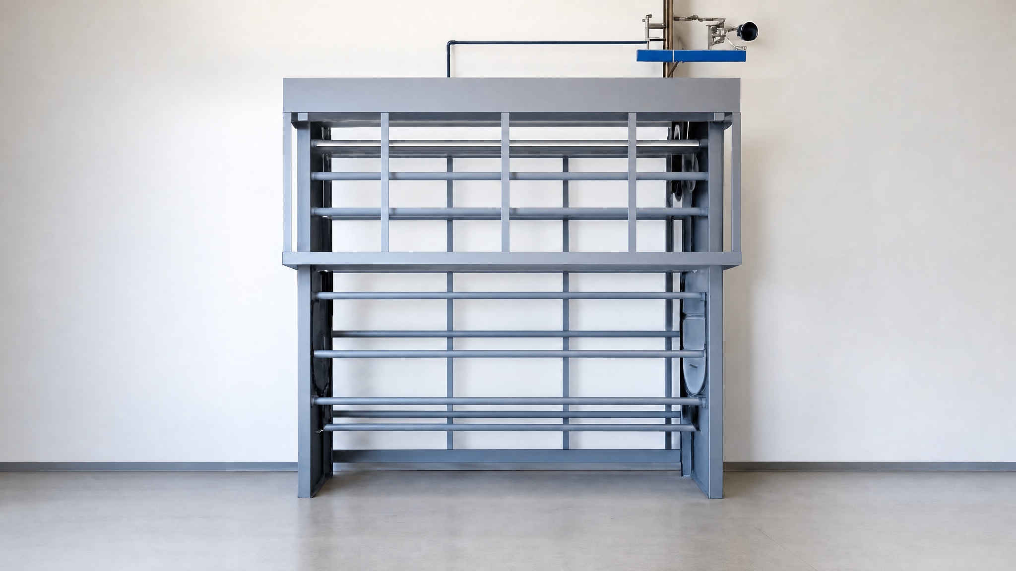 Empty metal vertical rack with multiple horizontal bars against a plain wall.