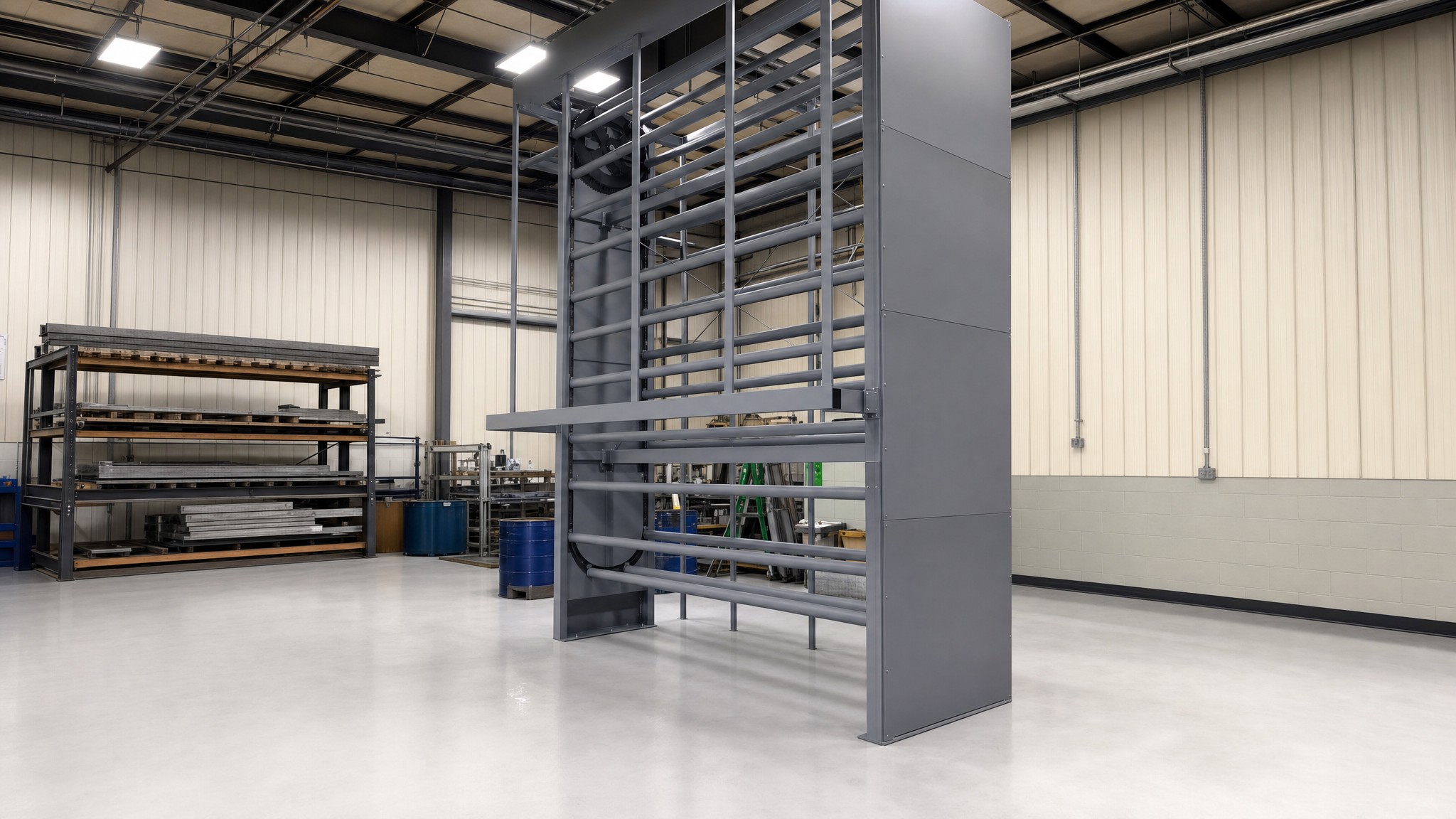 Large vertical metal carousel machine with open racks in an industrial warehouse.