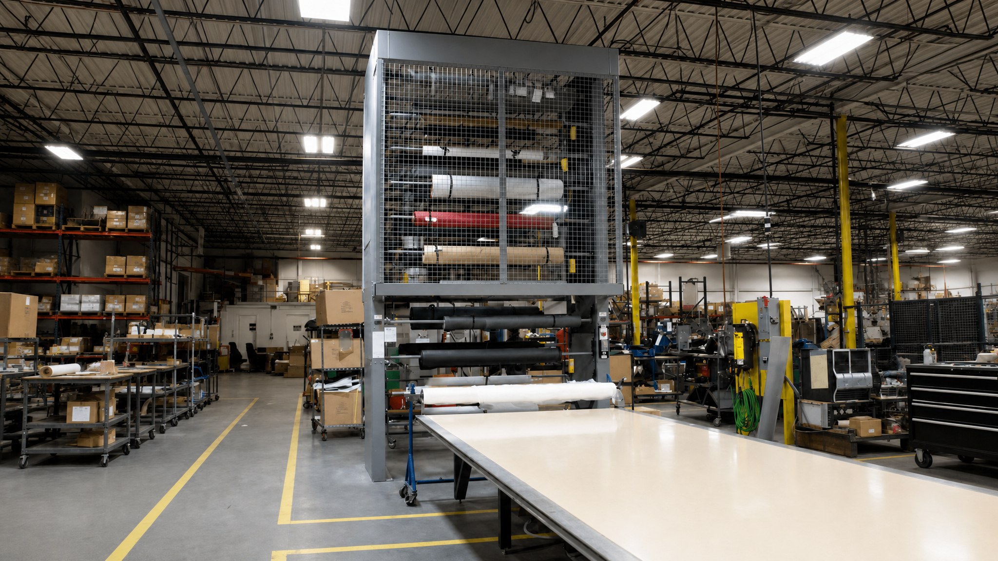 Large carpet carousel with multiple fabric rolls in an industrial warehouse.