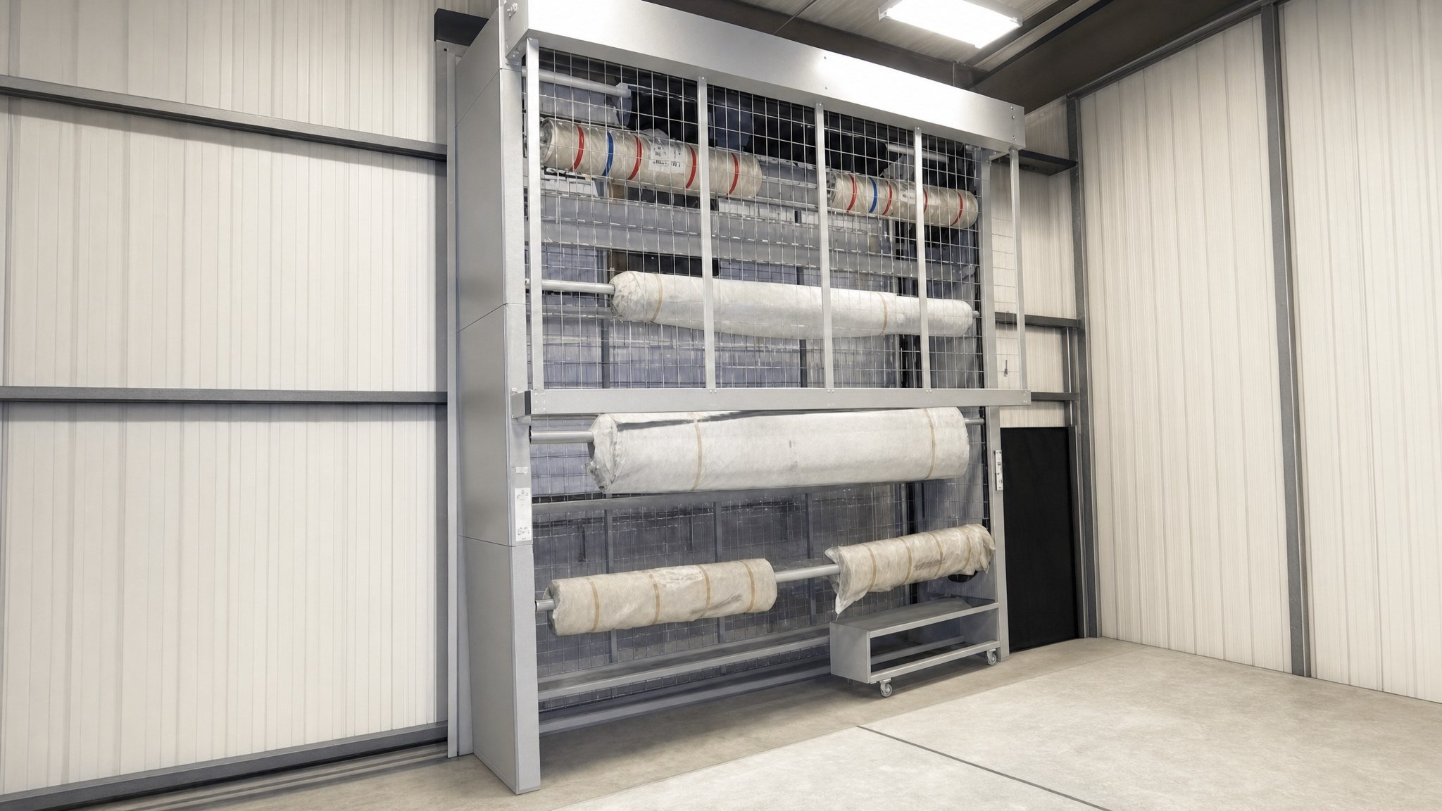 Large vertical metal carousel with several wrapped rolls stored on horizontal poles.
