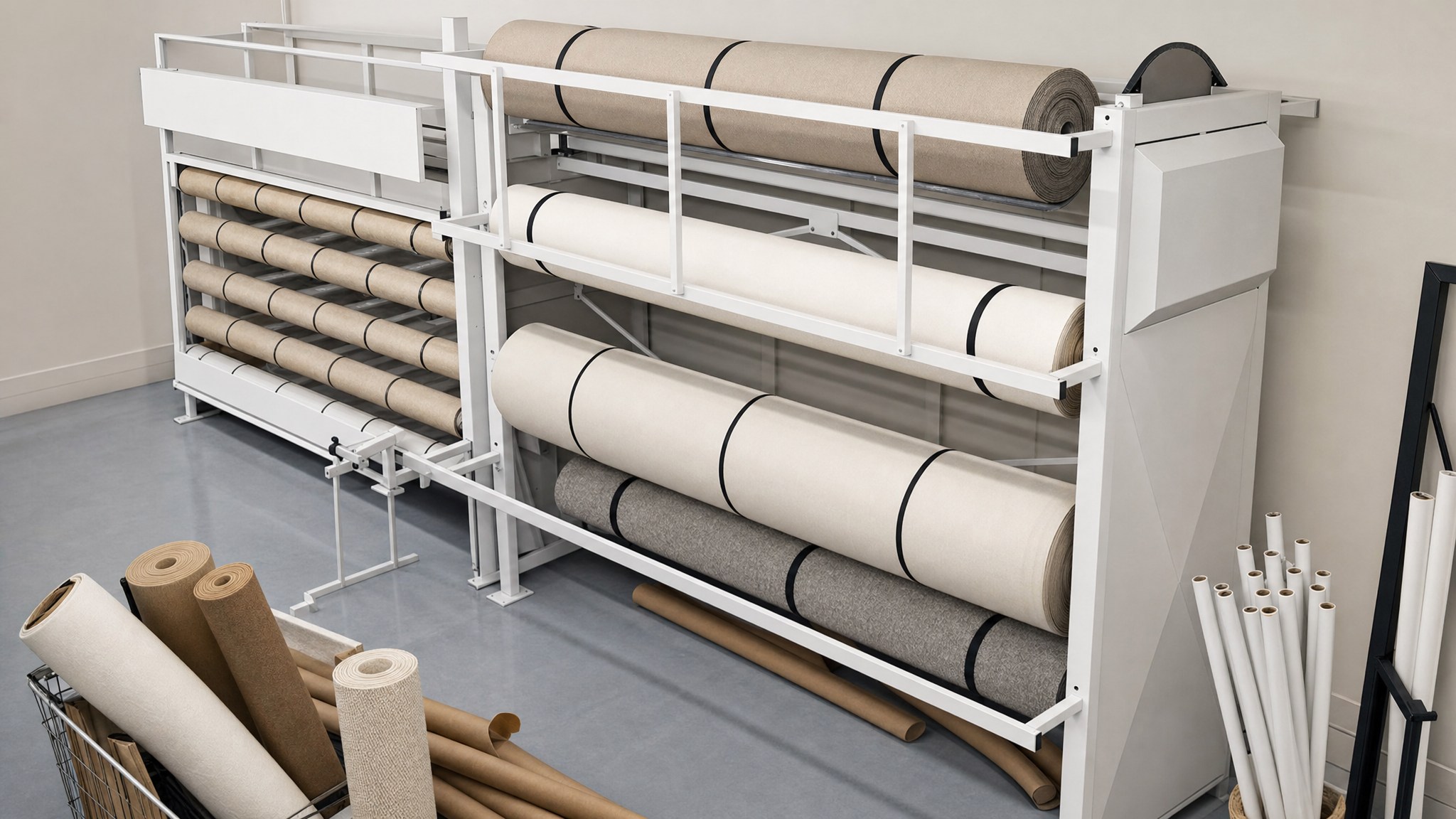 White metal carpet carousel rack holding large rolls of carpet in a storage room.