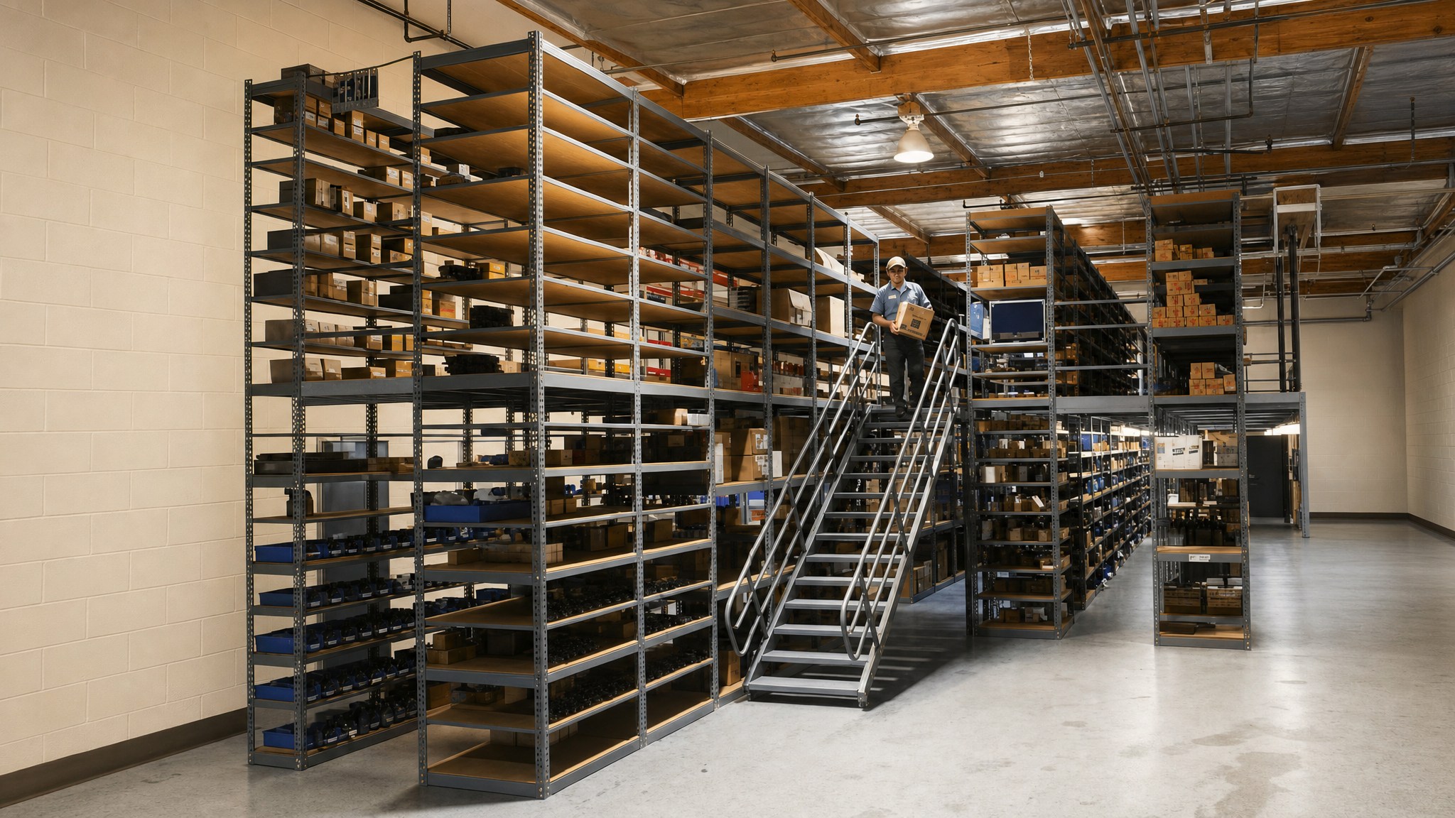 Multi-level metal racking system with stairway walkways and shelves holding boxes.