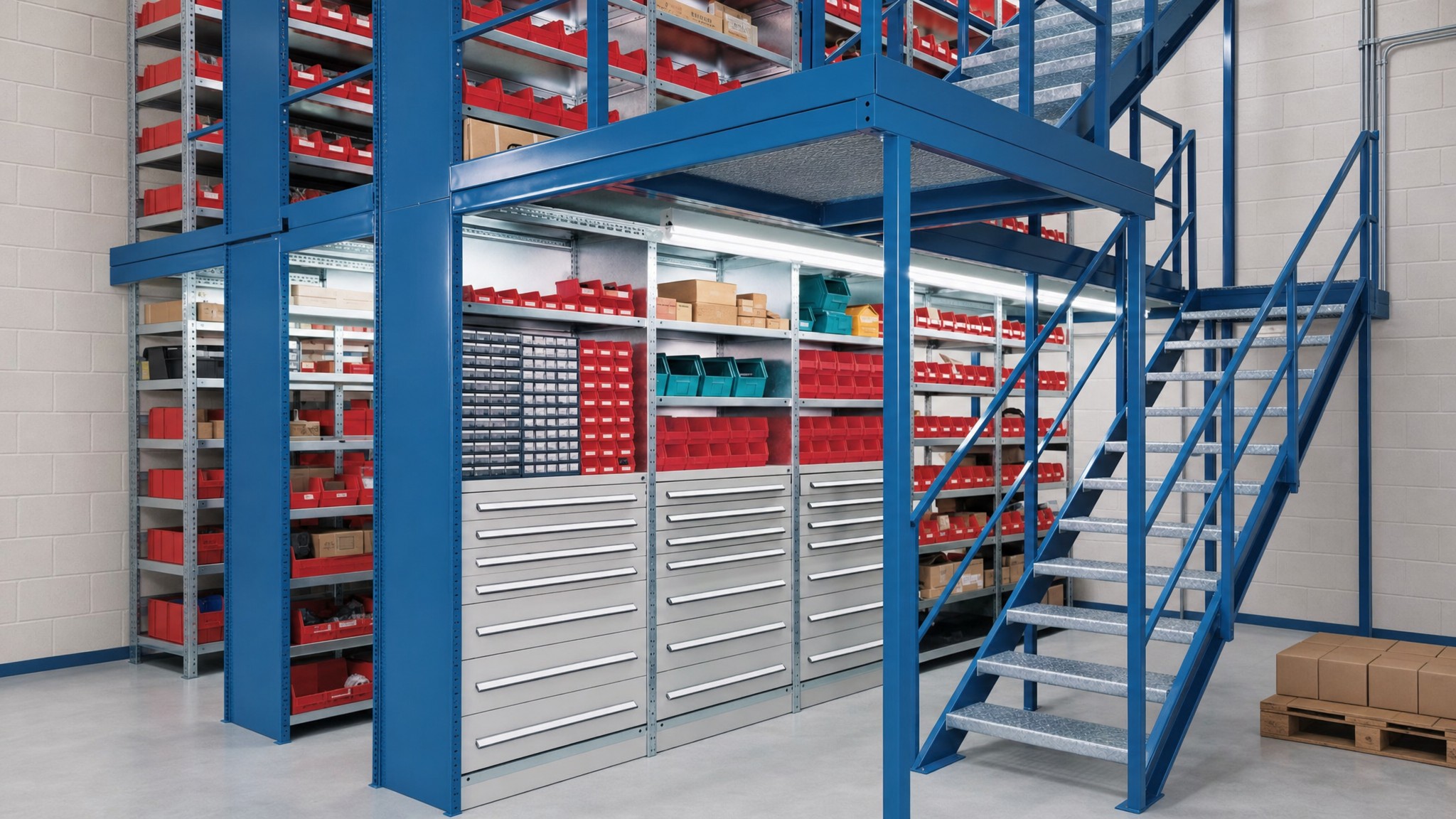 A blue metal catwalk racking system with shelves, drawers, and an integrated staircase in an industrial room.