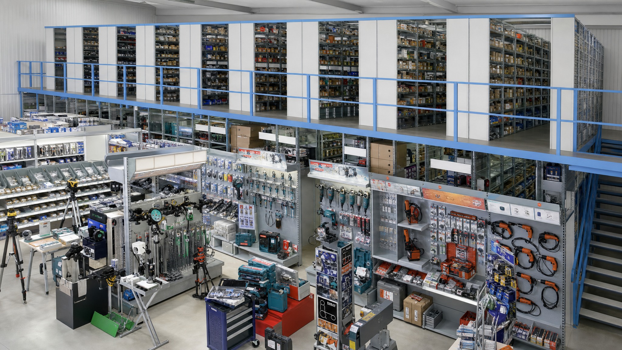 Two-level catwalk racking system filled with inventory above a warehouse sales floor.