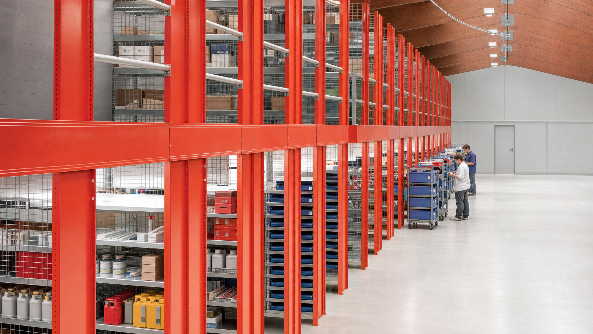 A large warehouse with tall, multi-level racking systems featuring red support posts and shelves accessed via catwalks, with bins and workers present.