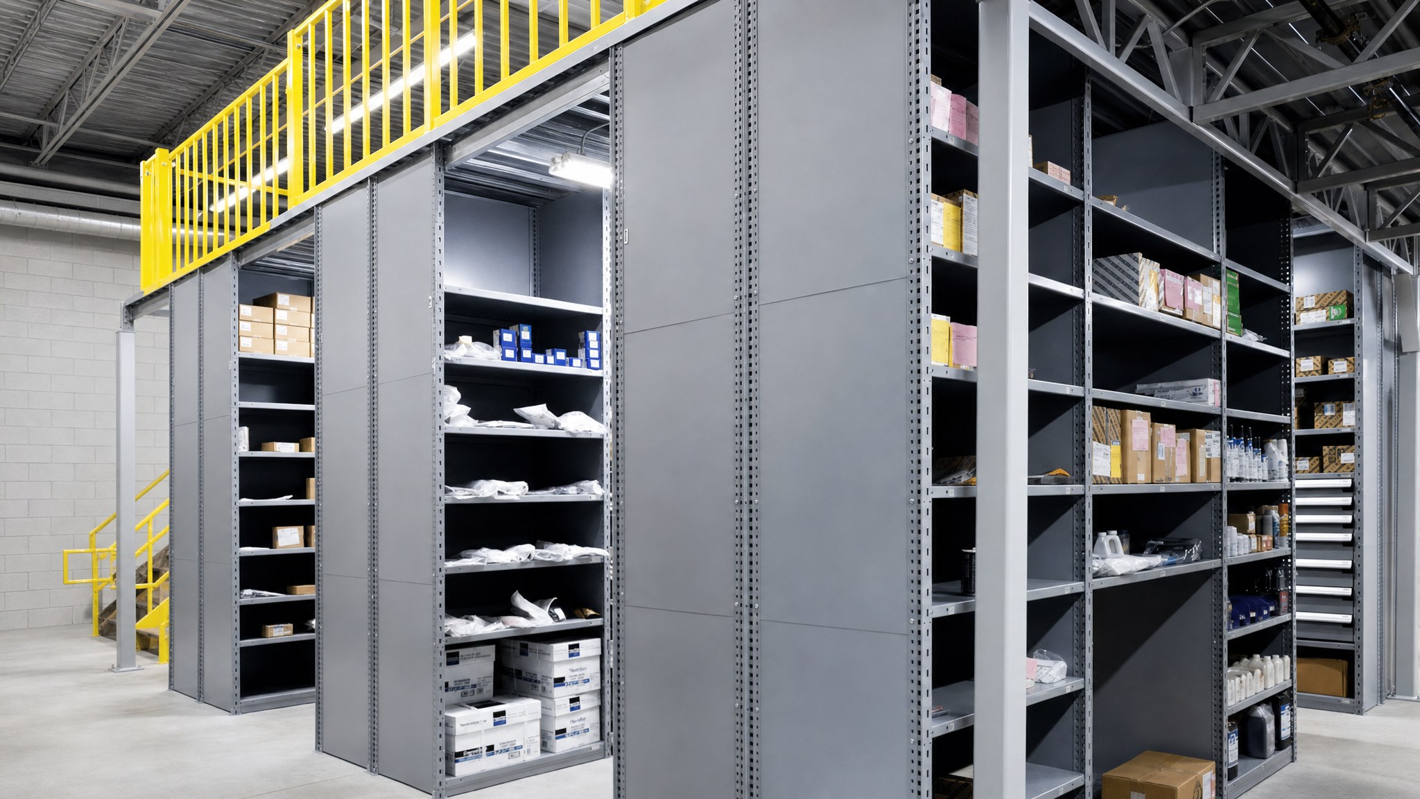 Warehouse catwalk racking system with metal shelving and yellow safety railings.