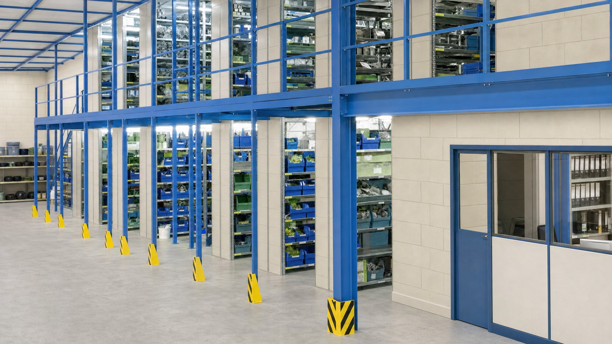 Multi-level blue catwalk racking system filled with bins beside an office area in warehouse.