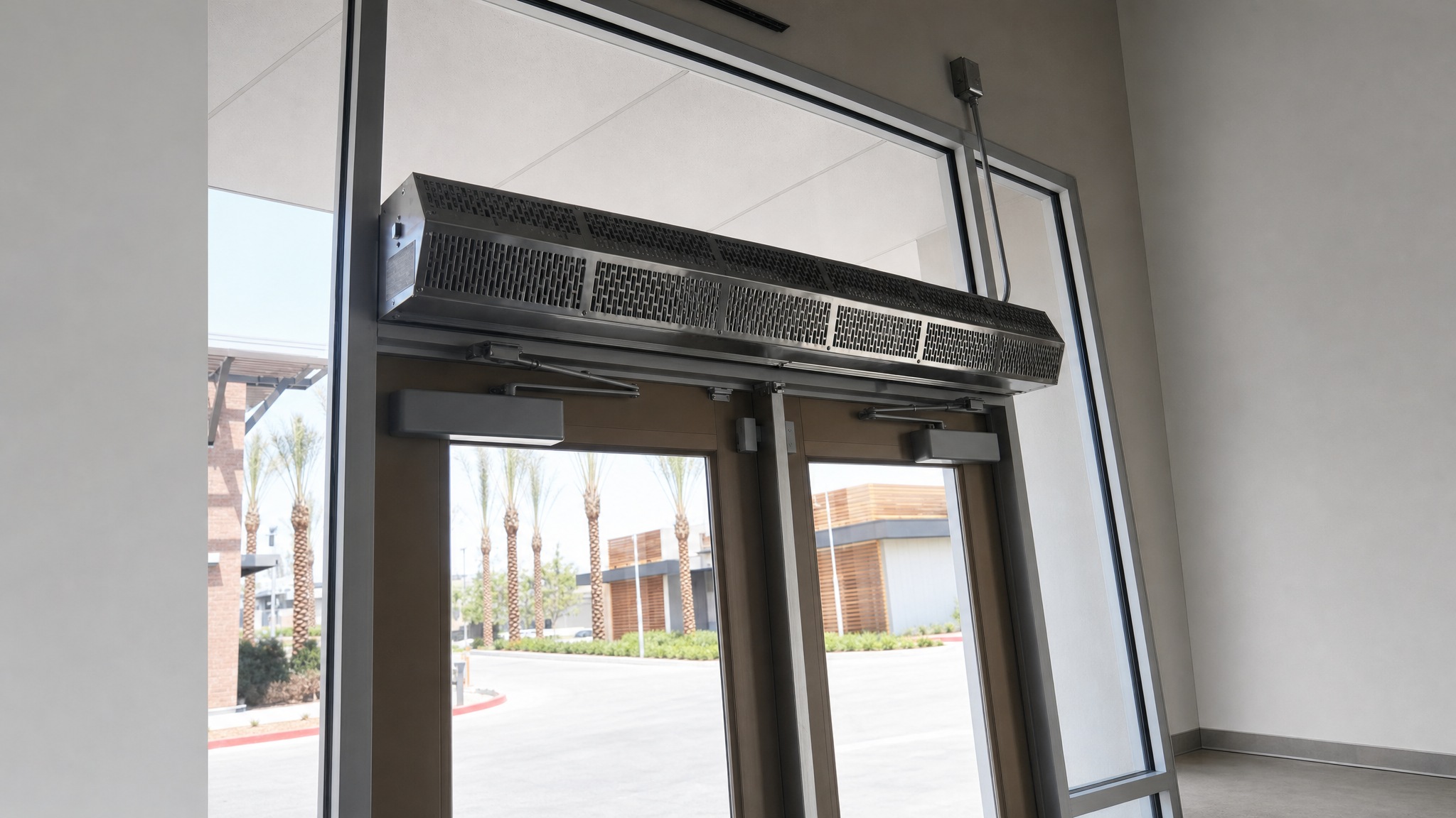 Stainless steel air curtain mounted above double glass doors in a commercial building entrance.