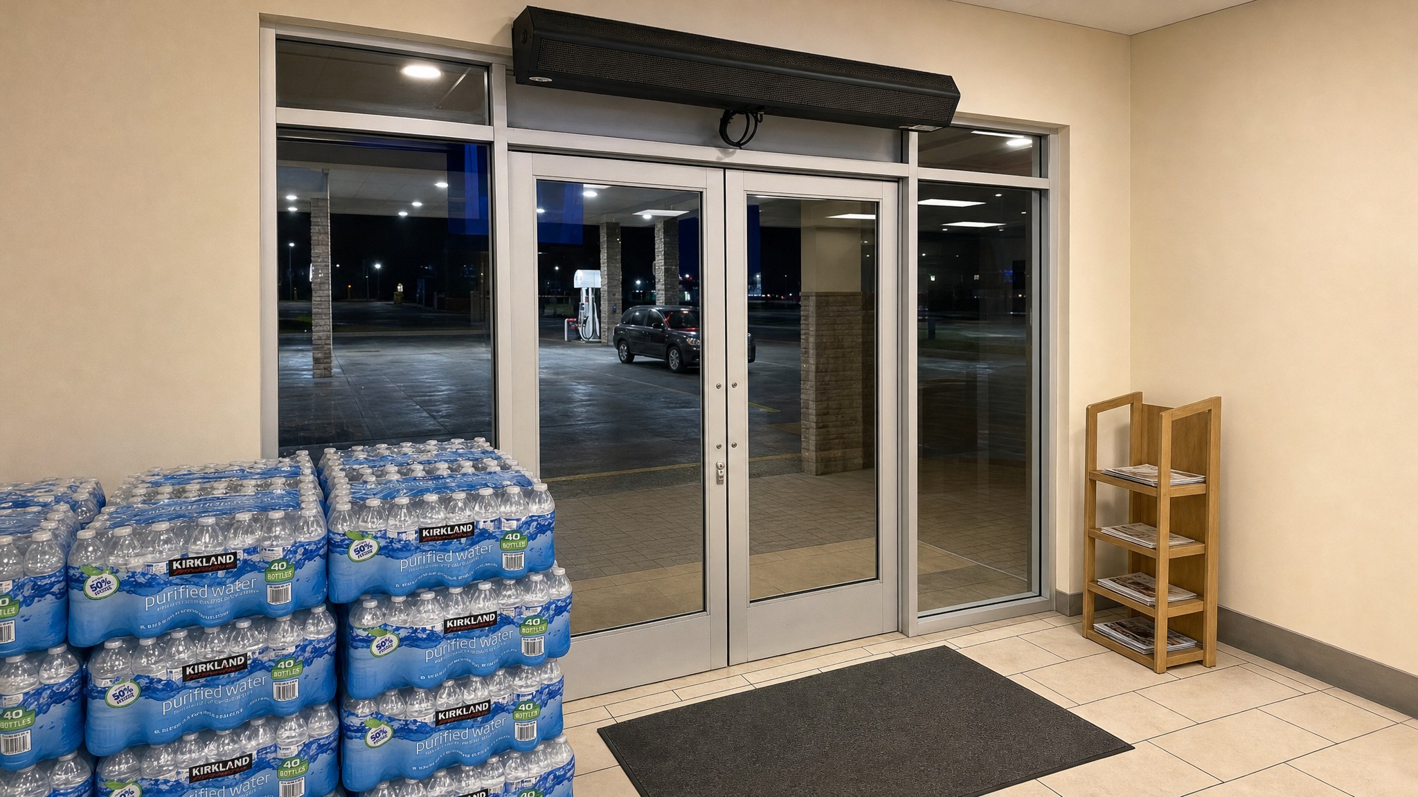 Black air curtain mounted above a glass double doorway in a tiled entry area.