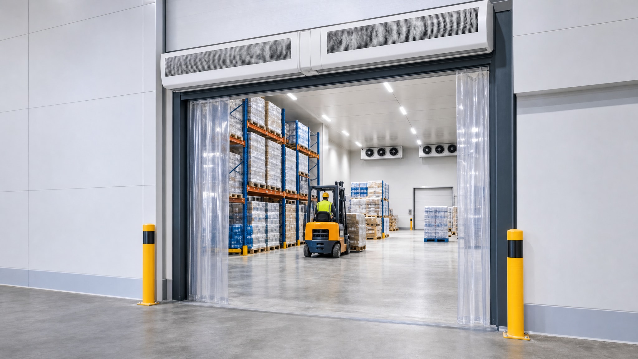Large air curtain unit mounted above a wide warehouse loading entrance.