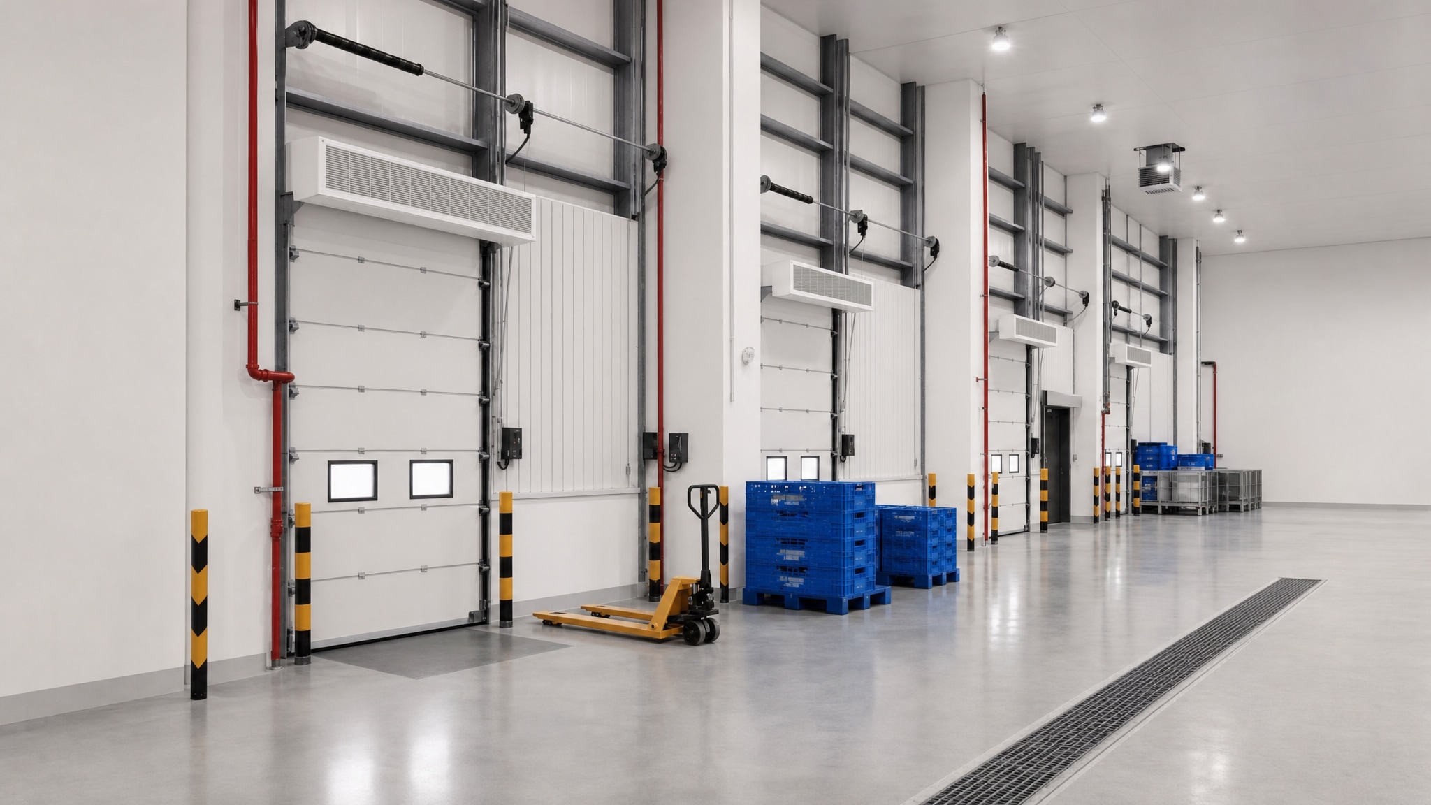 White air curtains mounted above several warehouse shipping doors in a clean loading area.