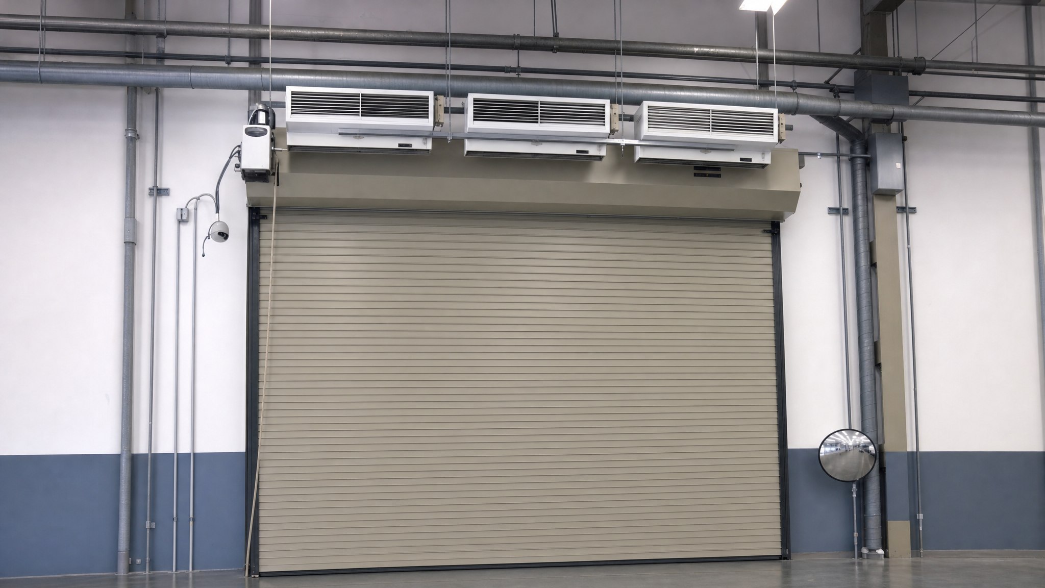 Large industrial roll-up door with three air curtain units mounted above it.