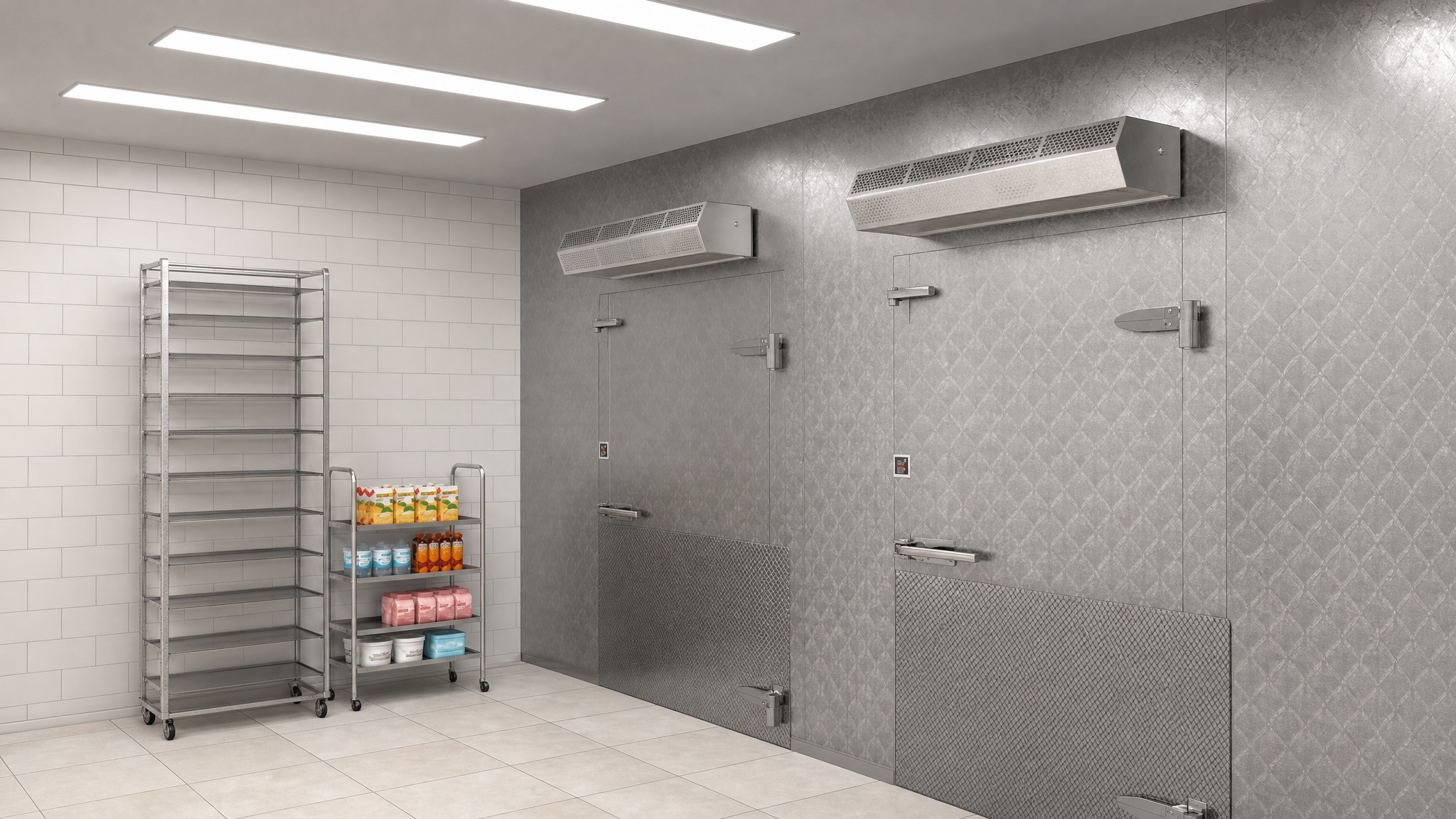 Two stainless steel air curtains mounted above industrial metal doors in a tiled room.