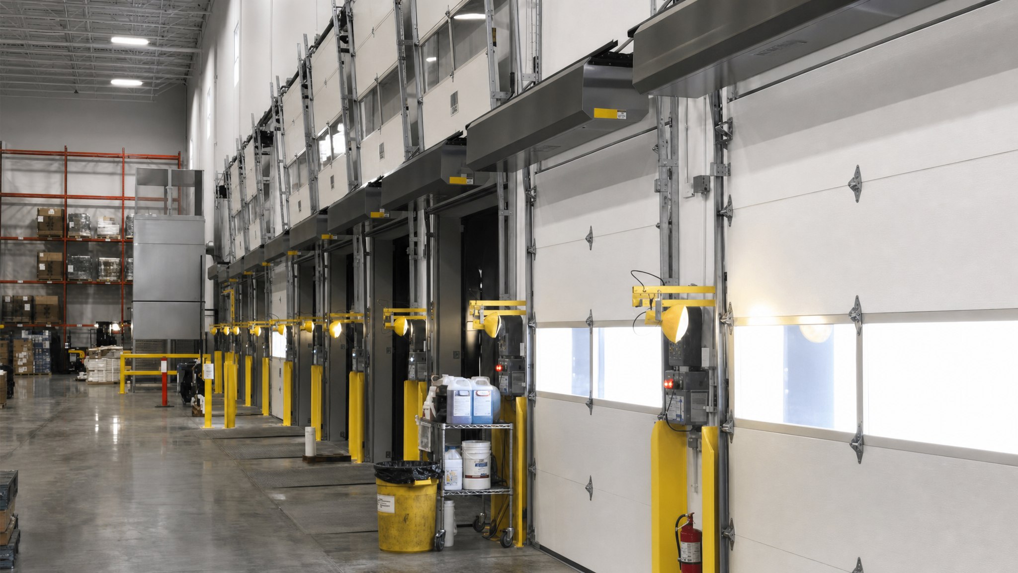 Row of loading dock doors with overhead air curtains in a warehouse.