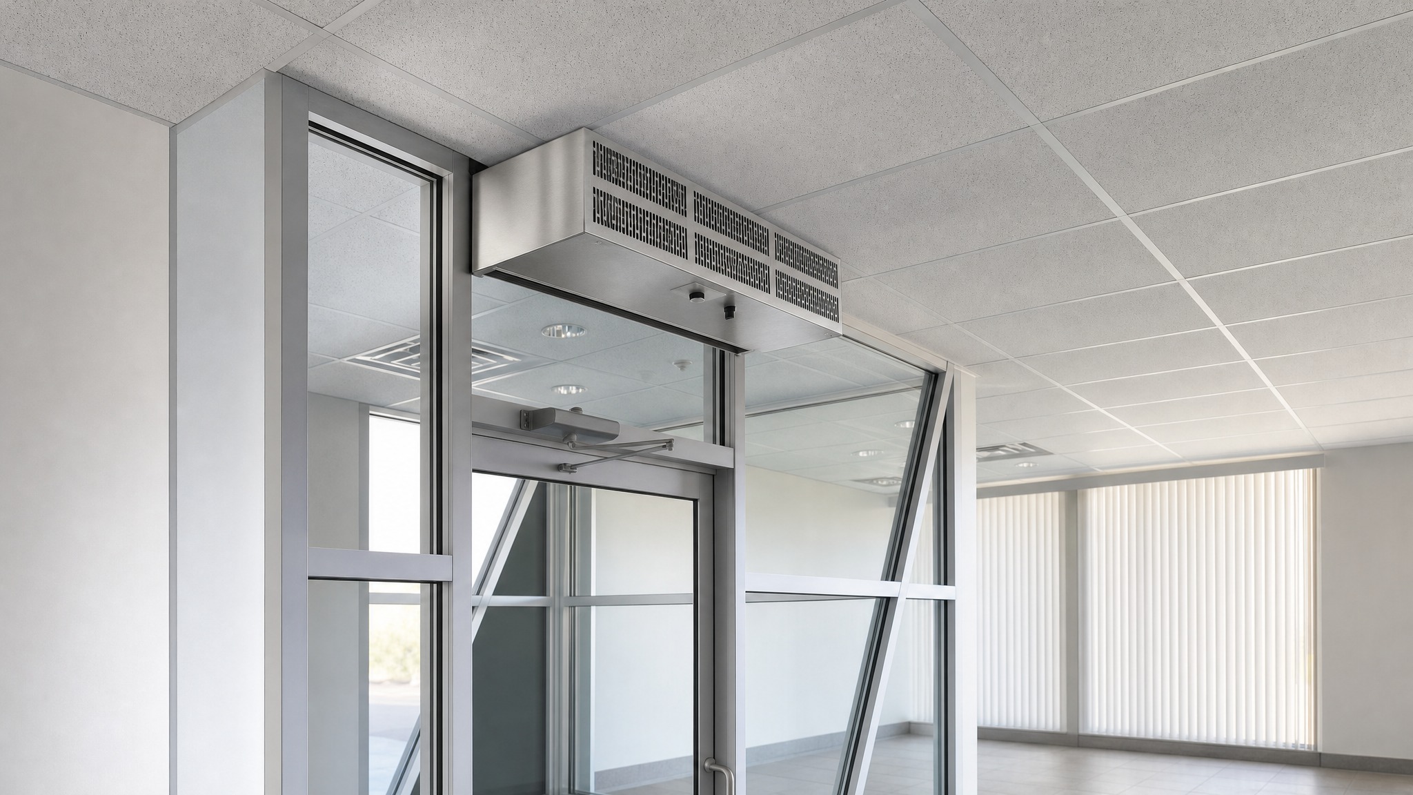 Metal air curtain unit installed above glass entry door in modern hallway.