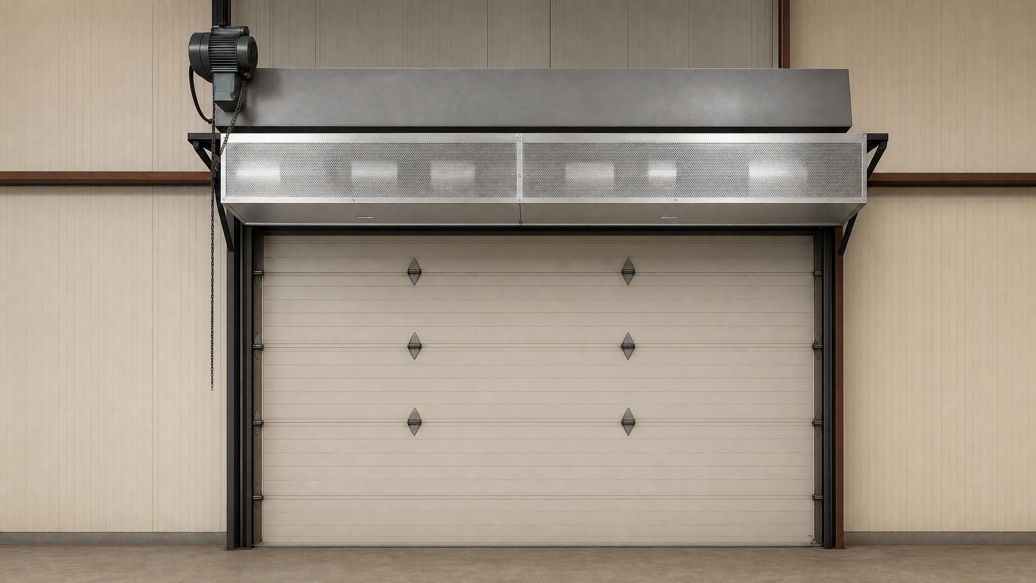 Large air curtain unit mounted above an industrial overhead garage door.