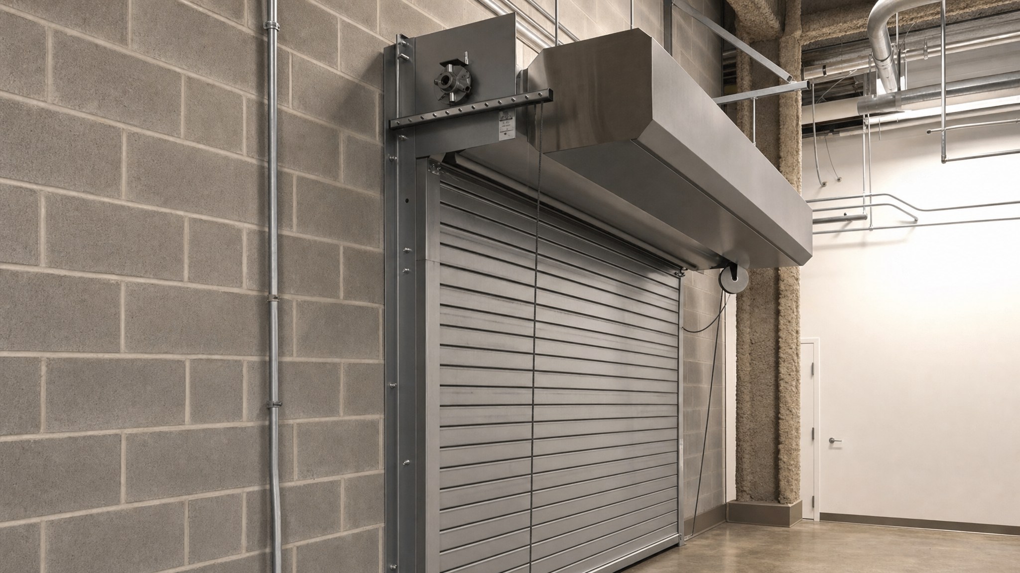 Large metal air curtain mounted above a closed industrial roll-up door in a service area.