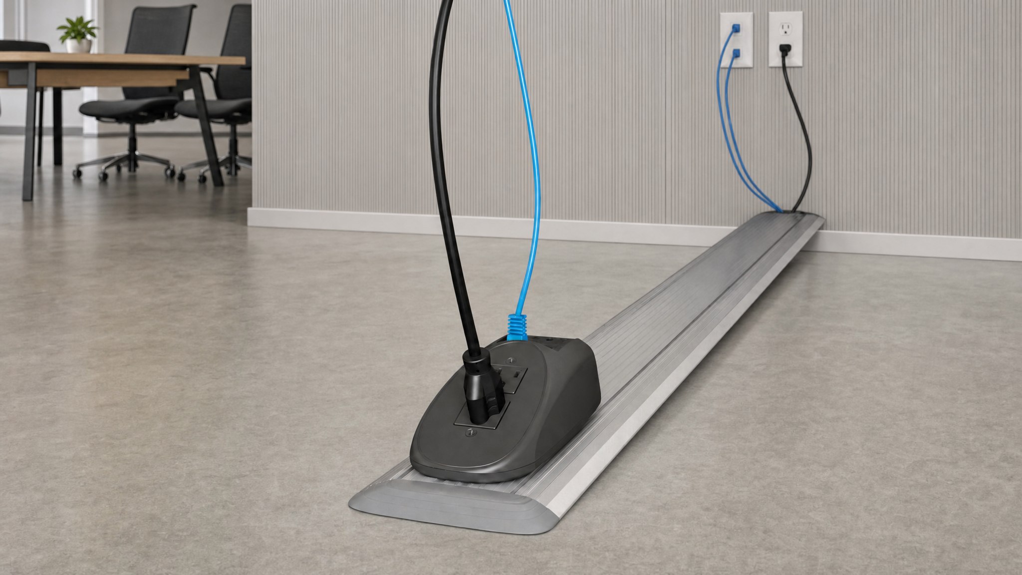 Aluminum floor cable raceway with power and data cables in an office setting.