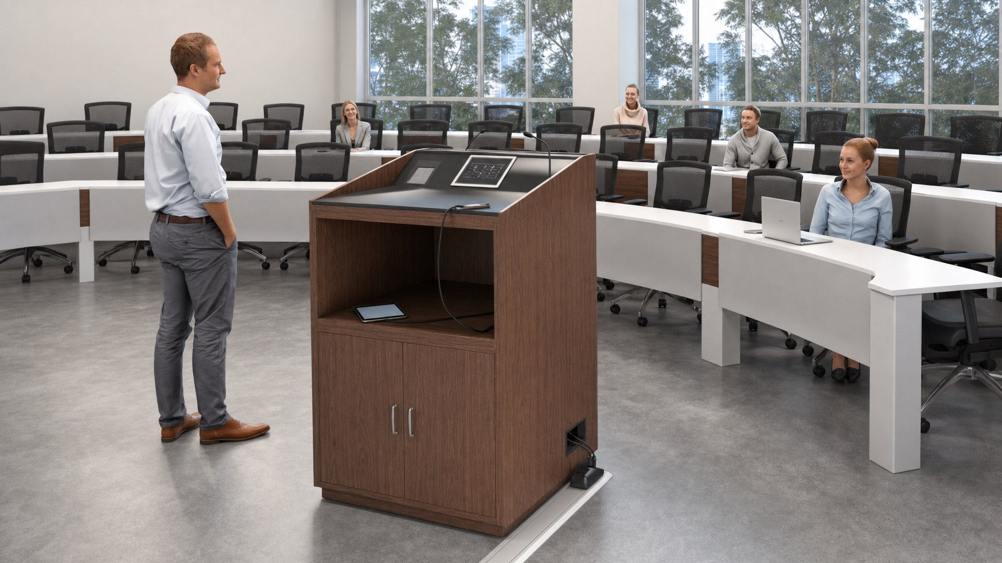 Floor cable raceway leading to a wooden lectern in a conference room.