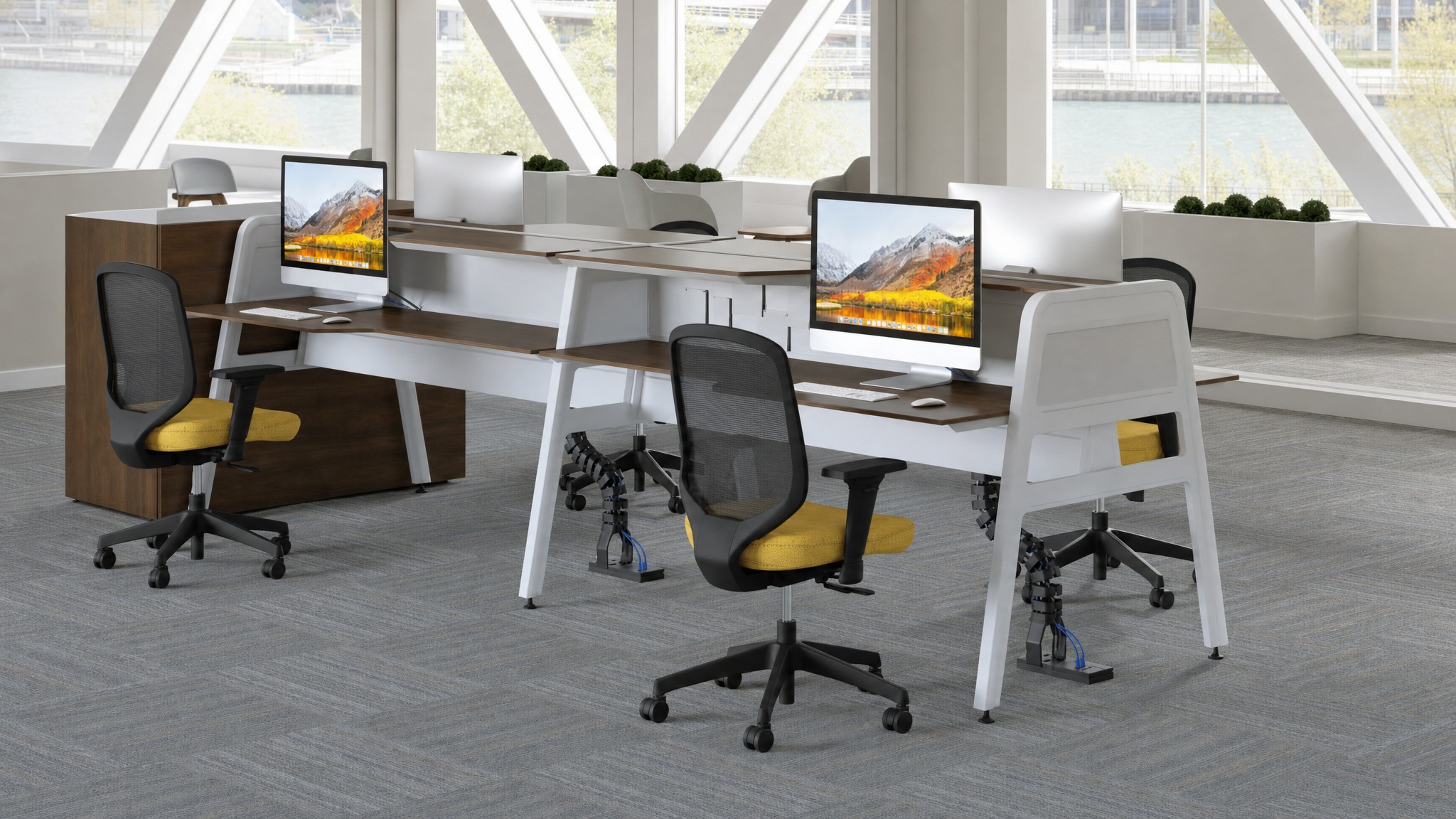 Workstations with cable raceways and monitors on gray carpet tiles in a modern office.