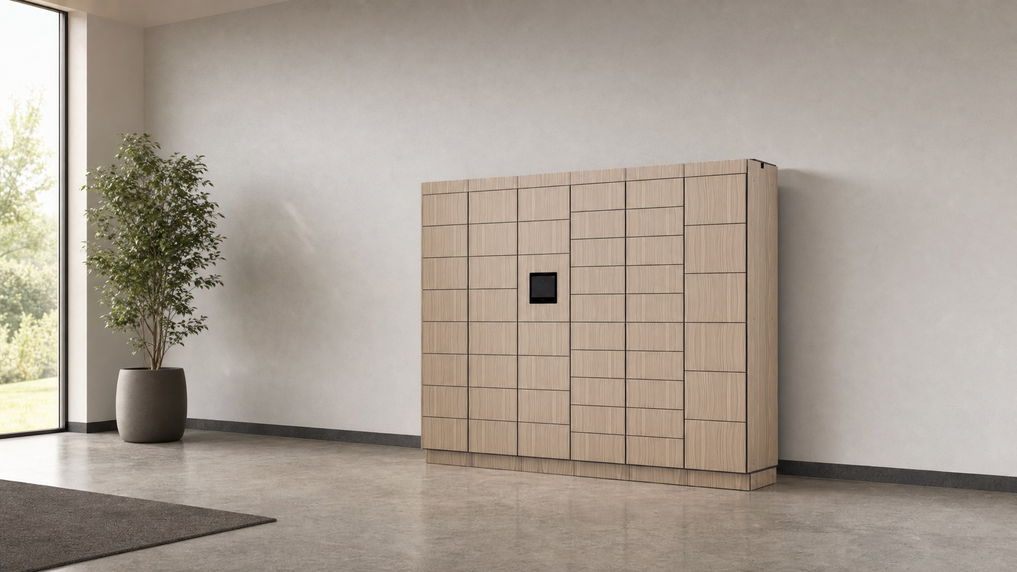 Wood-finish locker bank with central dark display in a modern room.