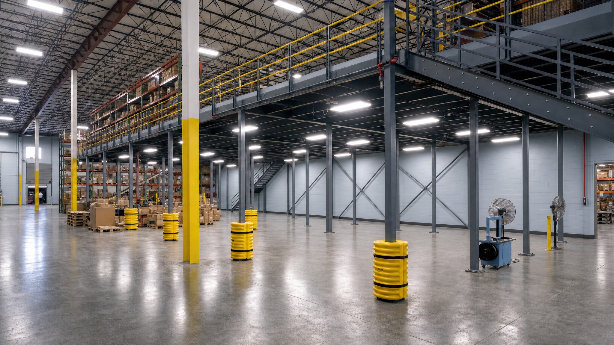 Industrial mezzanine in warehouse, cleared of all boxes and people, pale blue block wall.