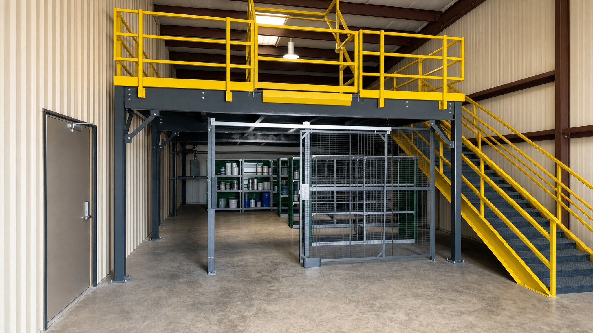 Industrial mezzanine platform with yellow rails, stairs, and fenced storage area below.