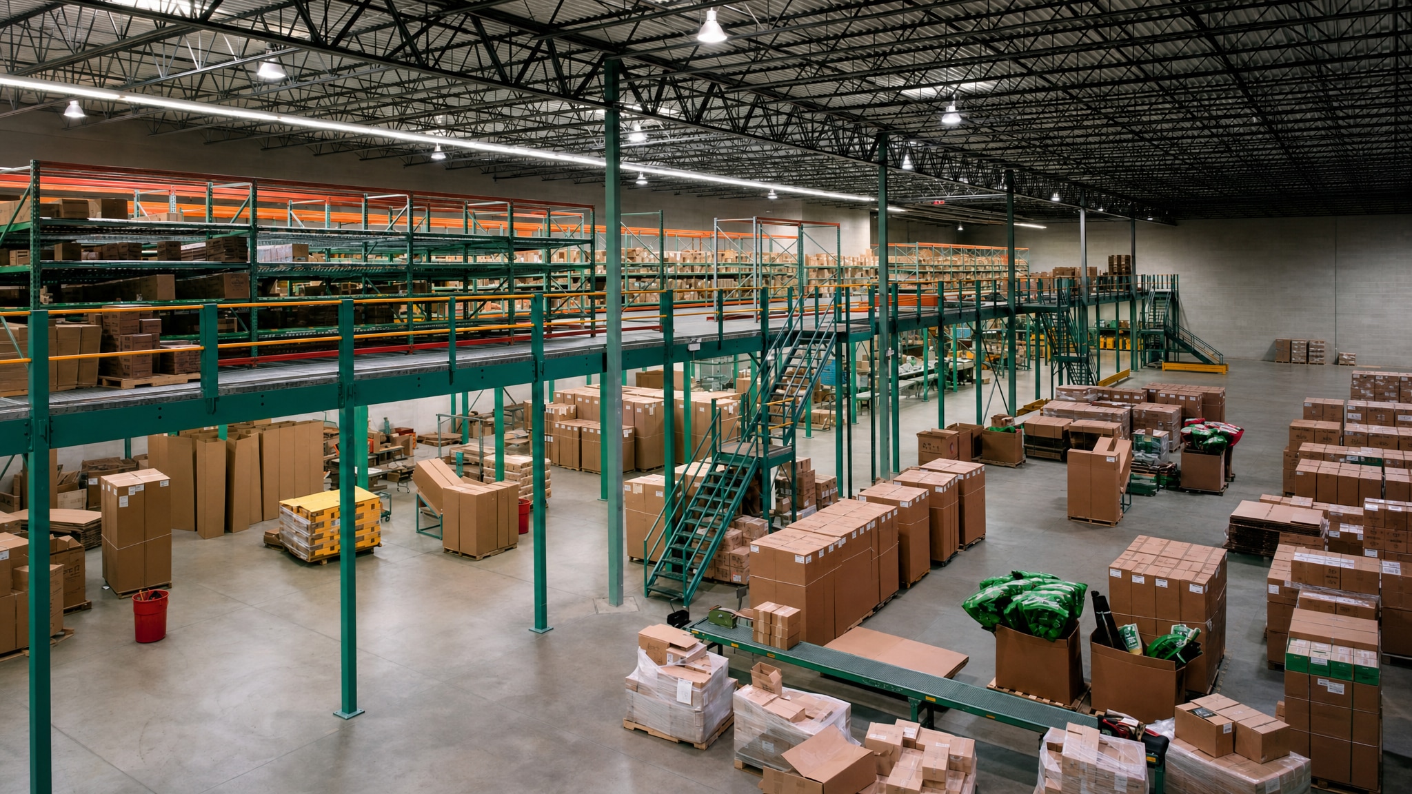 Green steel mezzanine platform with stairs and open deck in a warehouse.