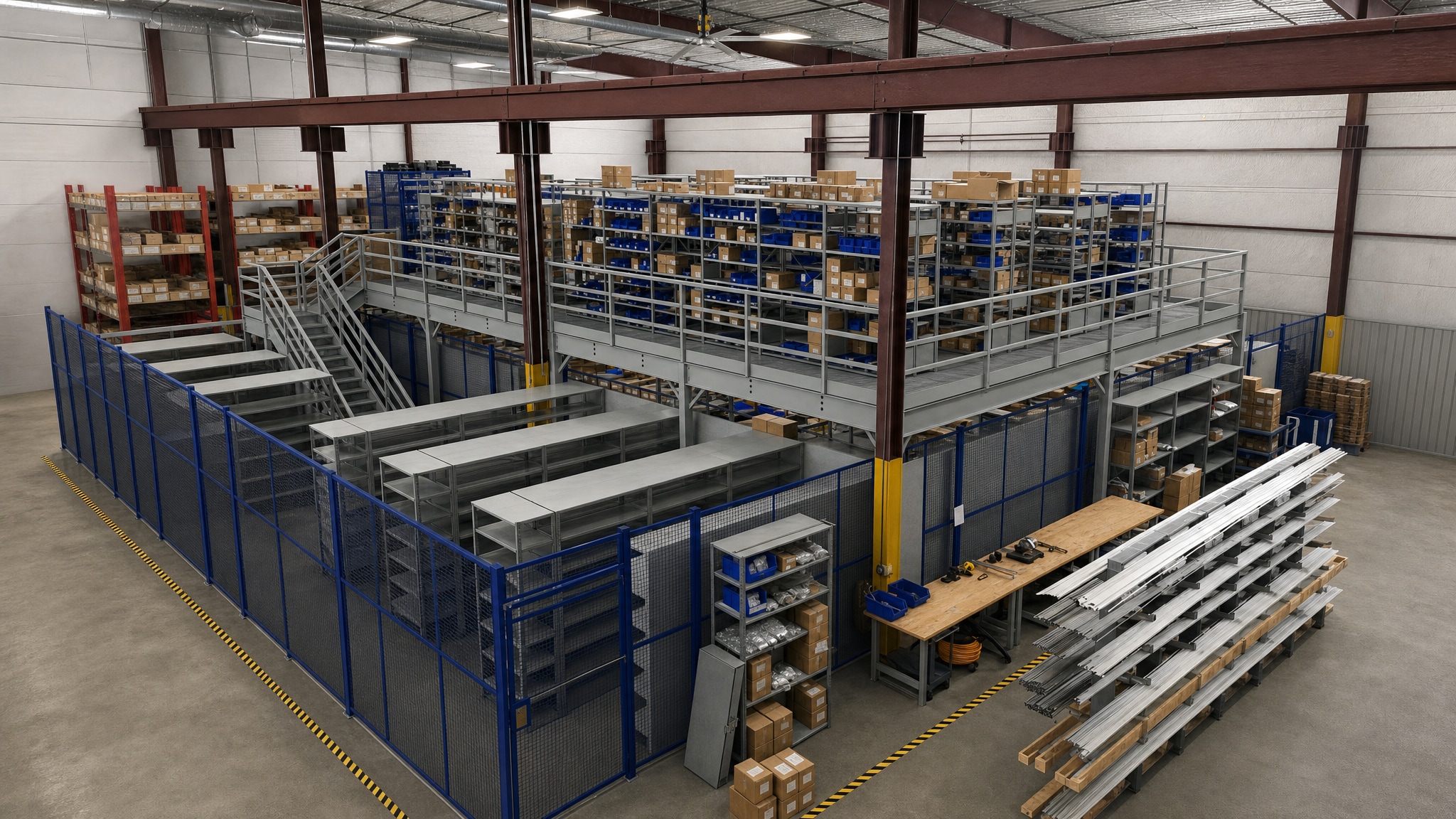 Warehouse mezzanine platform with stairs and upper level storage shelves.
