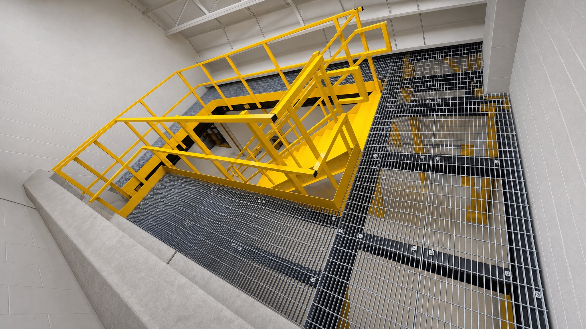 Yellow-railed industrial mezzanine platform with metal grate flooring and stairs in a warehouse.