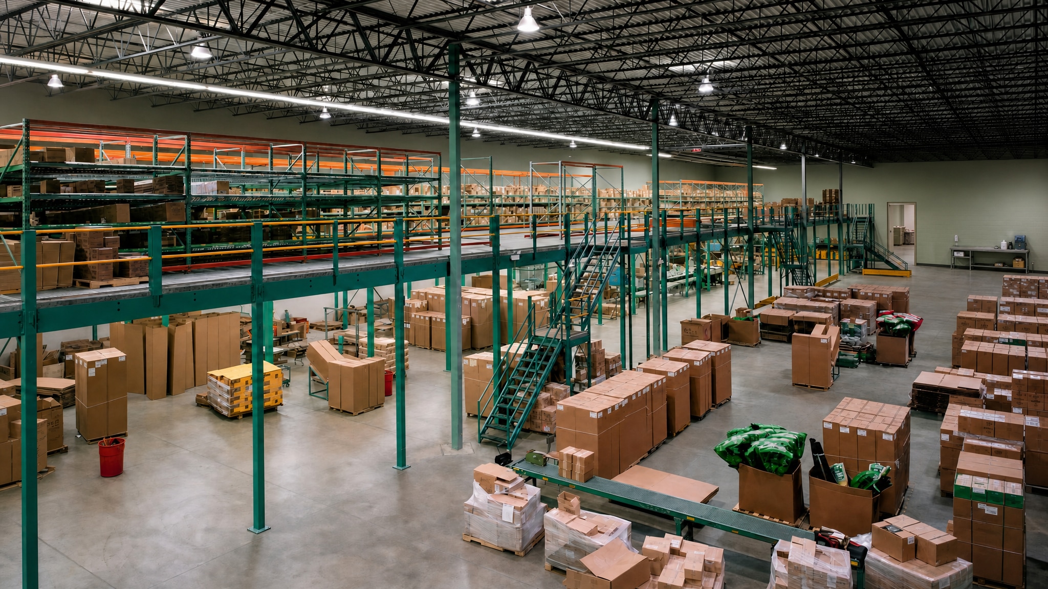 Warehouse mezzanine platform with green railings above storage boxes and pallets.