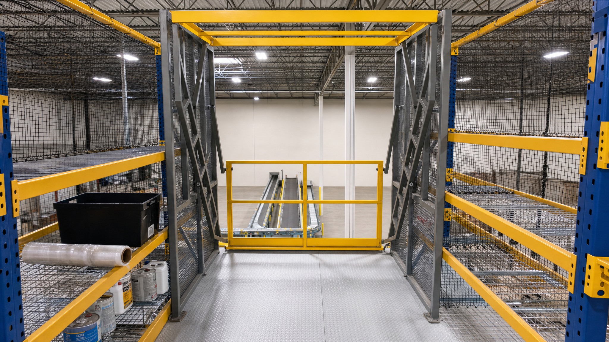 A yellow safety gate with guardrails on a mezzanine overlooking a warehouse conveyor system.