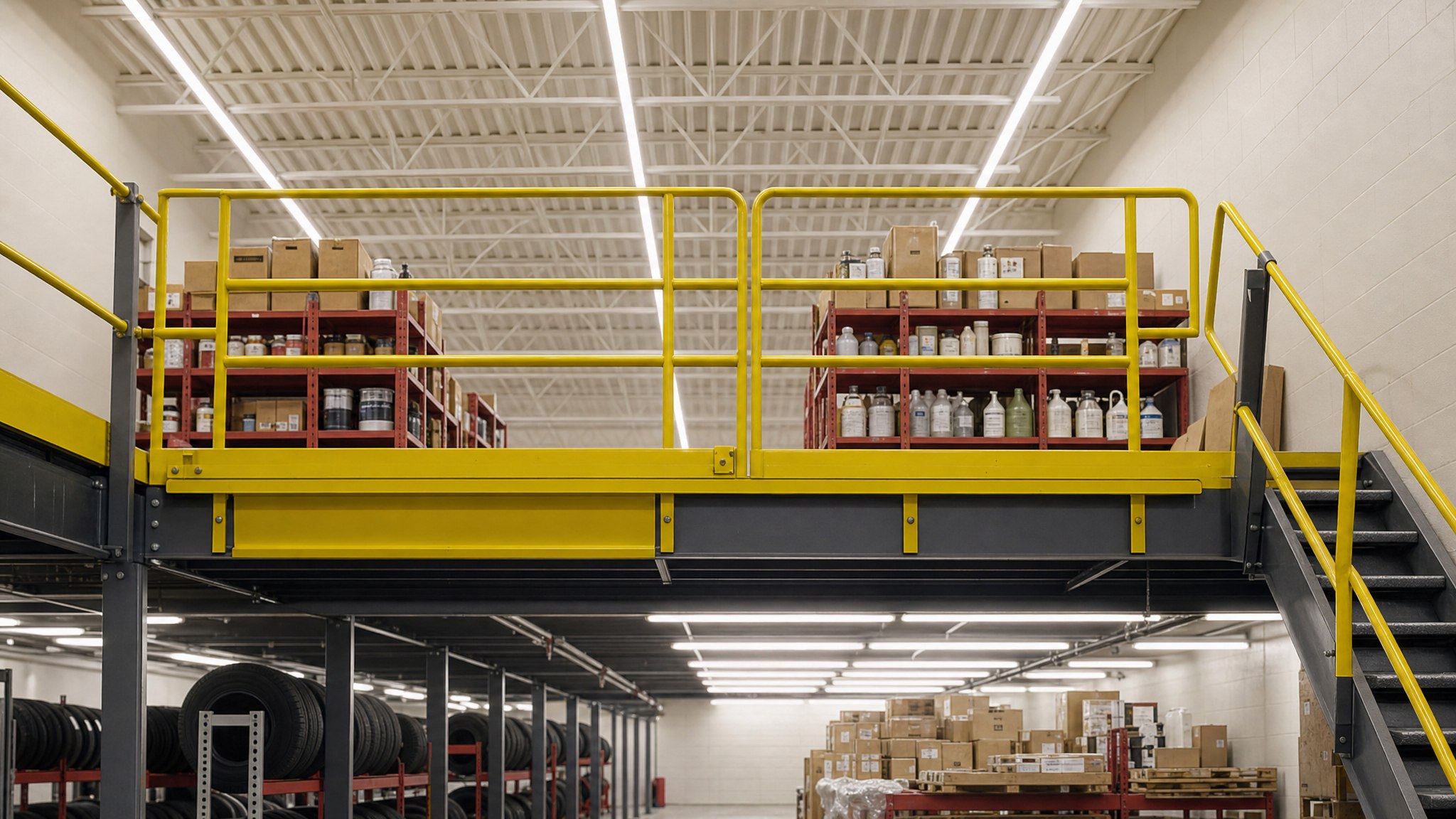 Yellow mezzanine safety gate with shelving and boxes in an industrial warehouse.