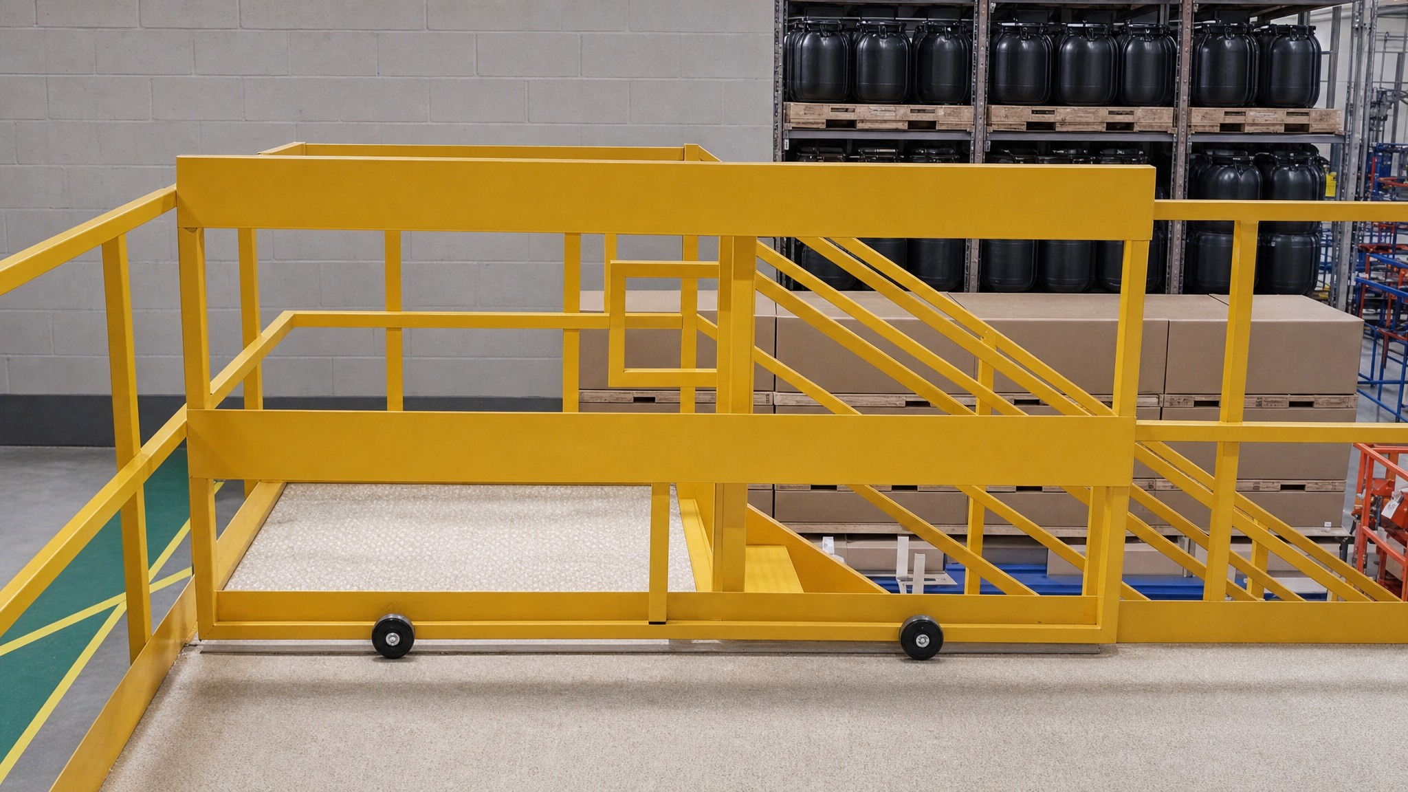 A yellow metal safety gate is installed on the edge of a mezzanine level in an industrial warehouse setting.