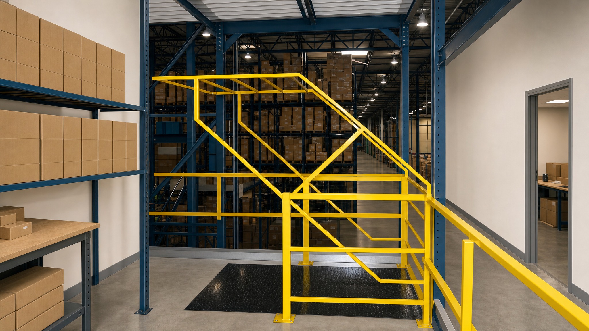 Yellow mezzanine safety gate installed at an elevated platform in a warehouse.
