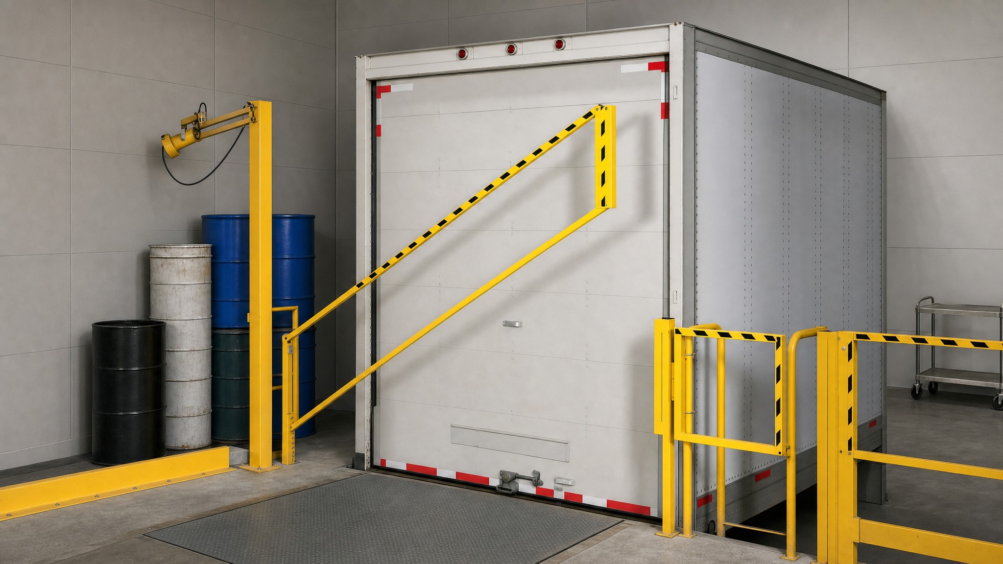 Yellow safety gate with striped markings at a loading dock near stacked barrels.