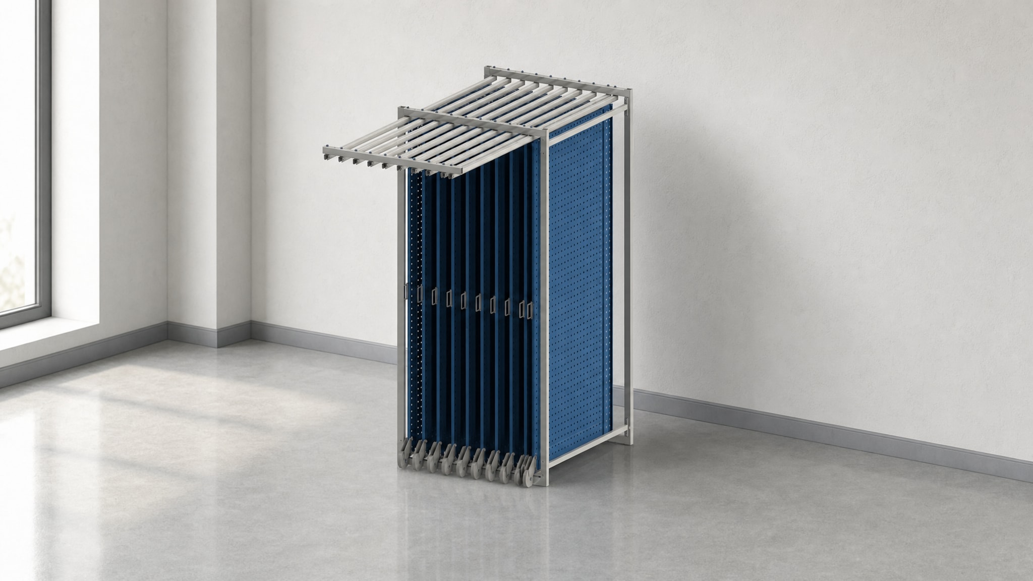 Sliding pegboard storage rack with several blue panels partially extended.