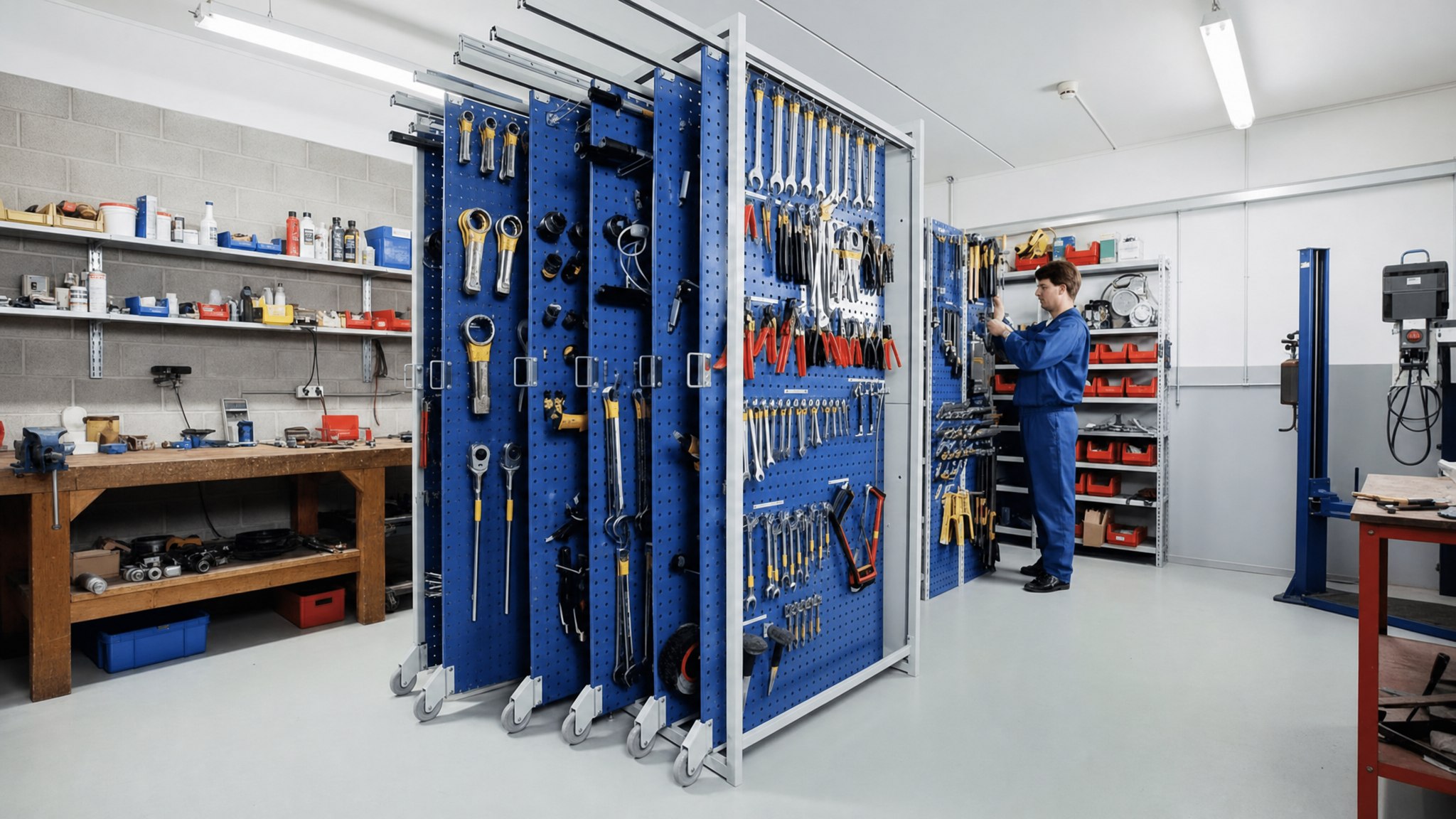 Sliding blue pegboard storage racks holding assorted tools in a workshop with a technician.
