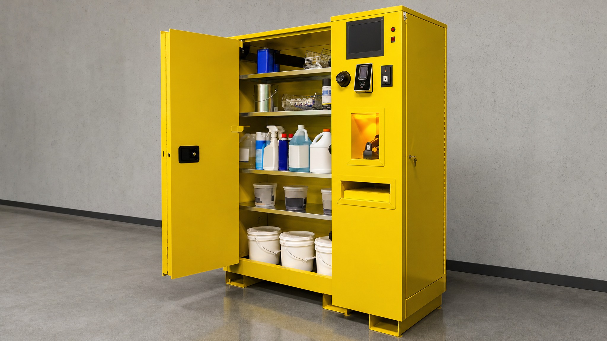 Yellow storage cabinet with electronic access panel and assorted chemical containers inside.