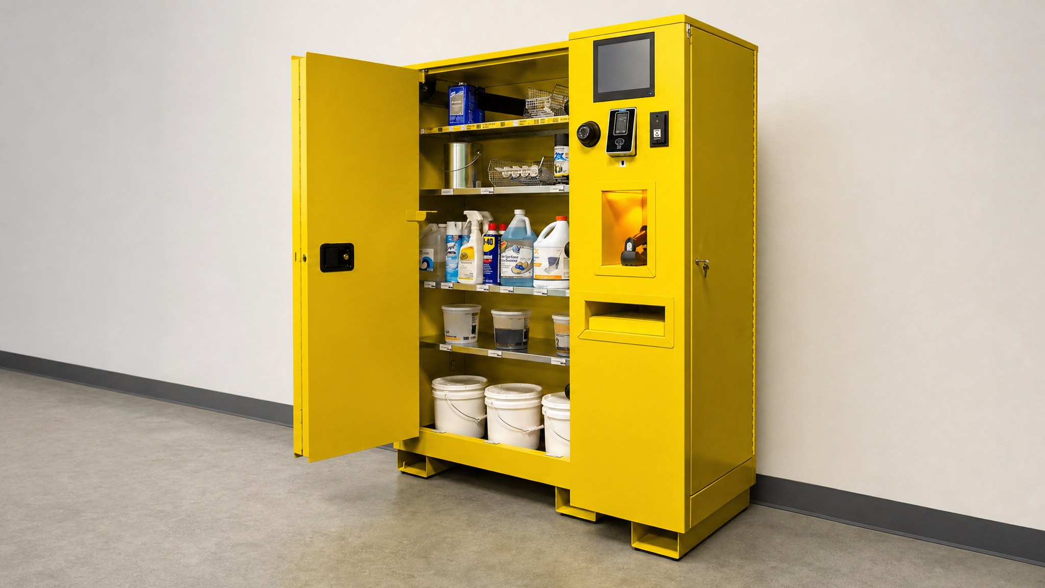 Yellow storage cabinet with shelves, interior containers, and exterior access electronics.