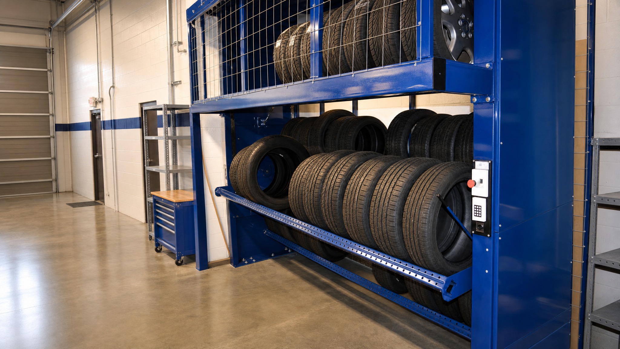 Blue tire carousel loaded with tires in an industrial room with concrete floor.