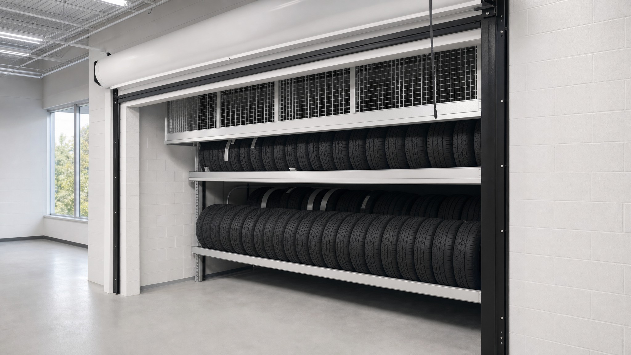 Two shelves of black tires stored in a large metal tire carousel unit.