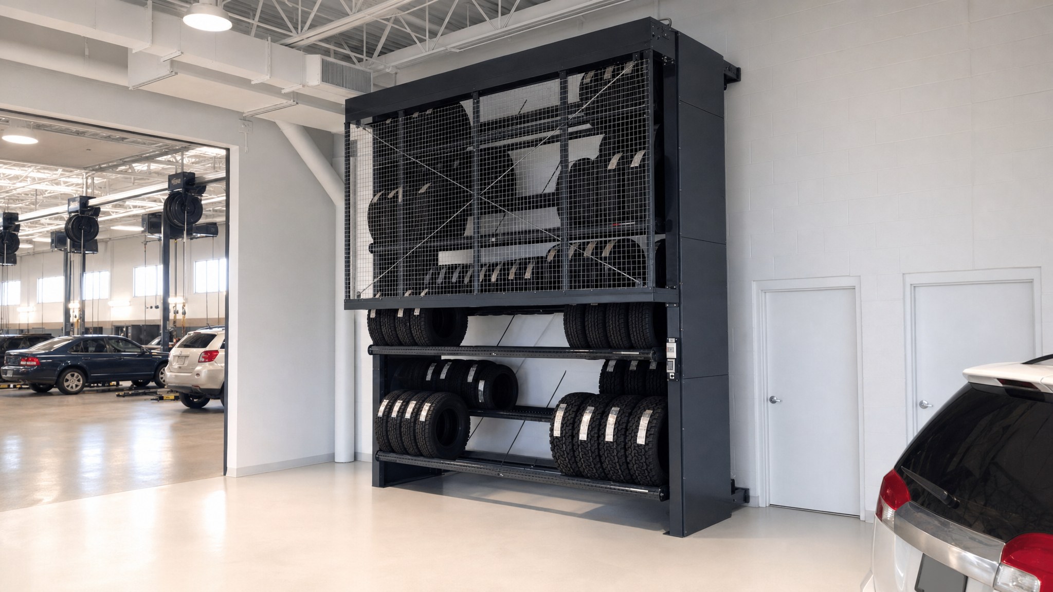 Large vertical tire carousel with multiple racks of tires in an automotive service area.