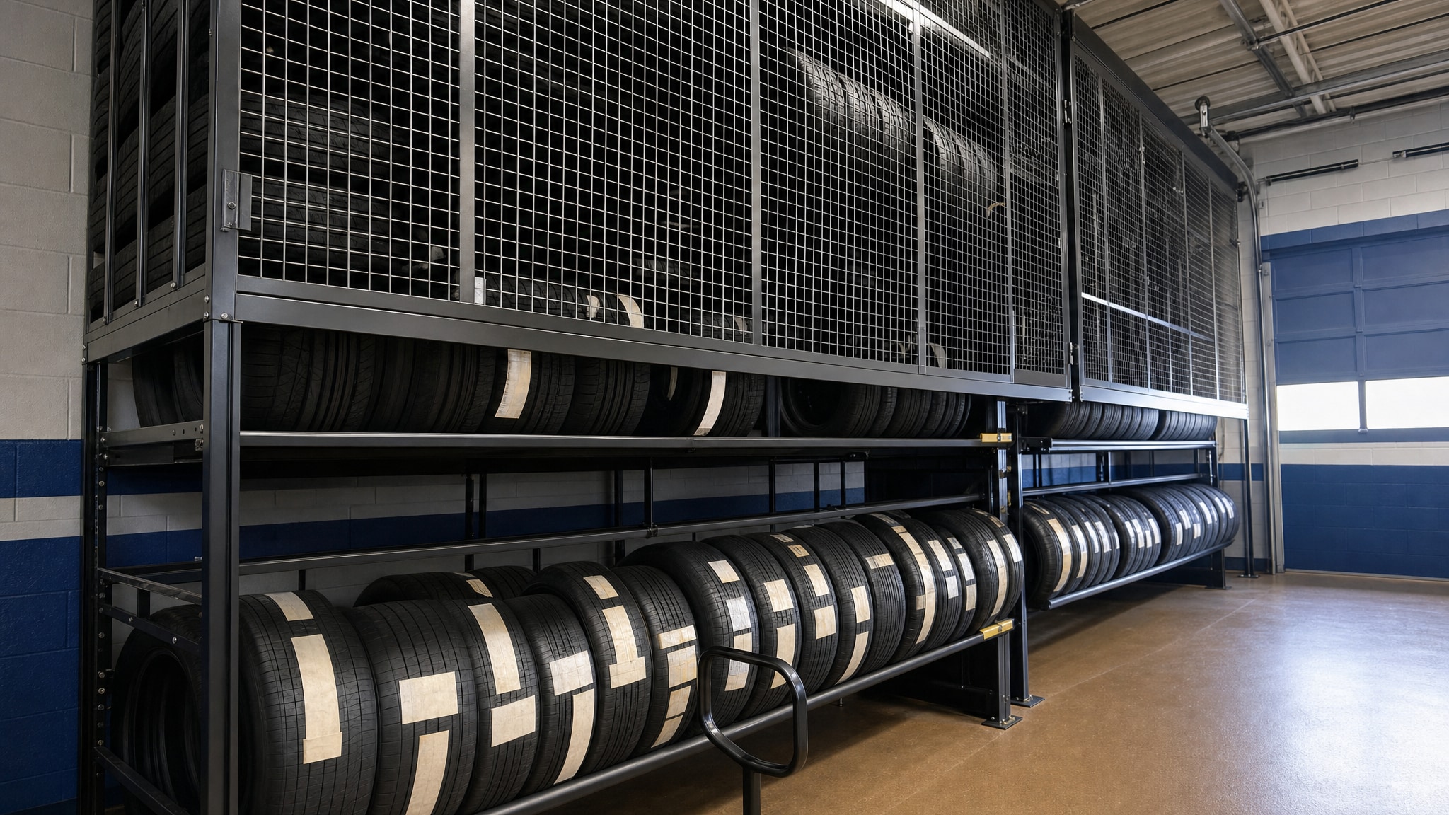 Vertical tire carousel storage system with multiple rows of tires in a garage.