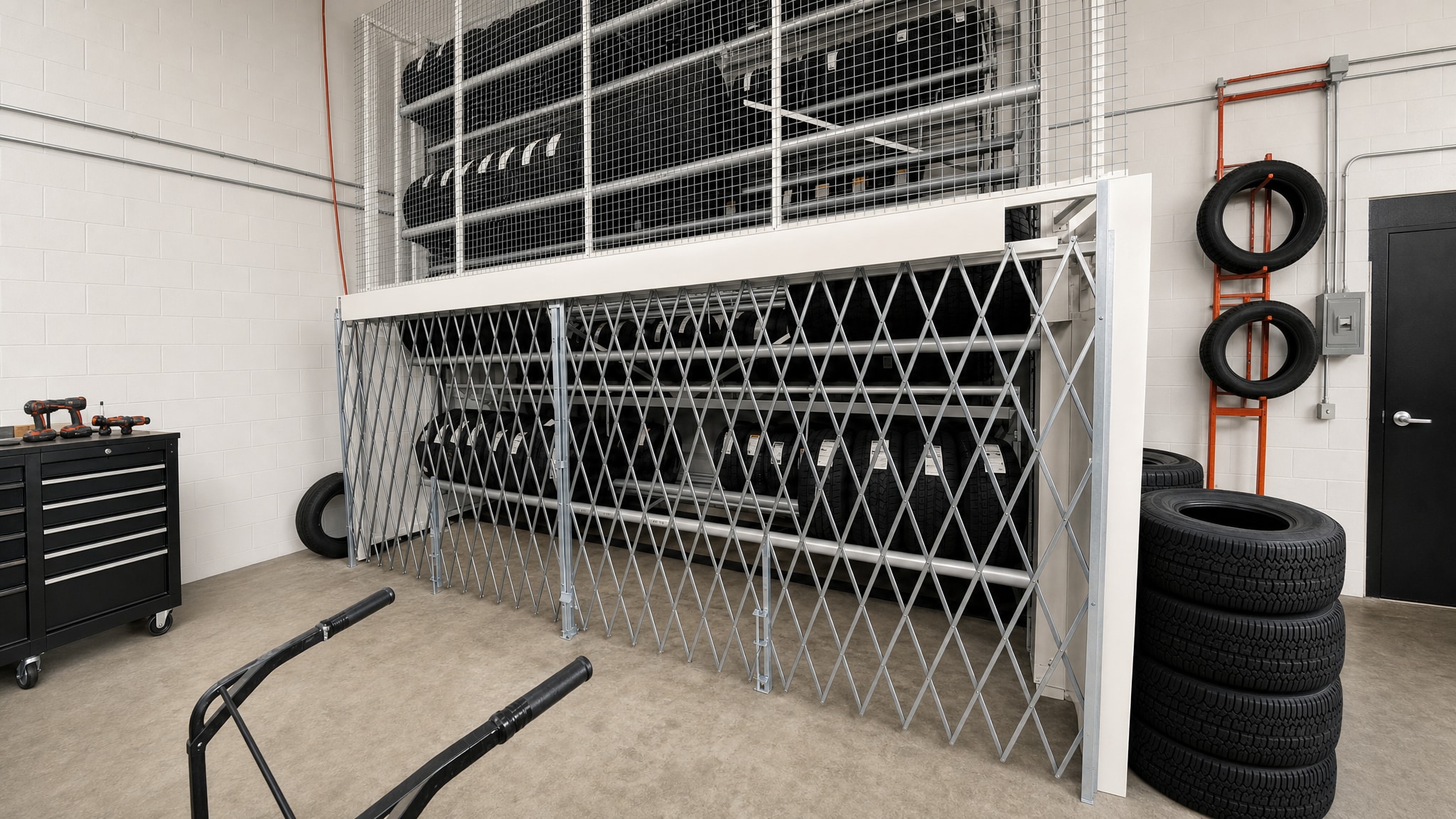 Motorized tire carousel with metal mesh security gate in a workshop setting.