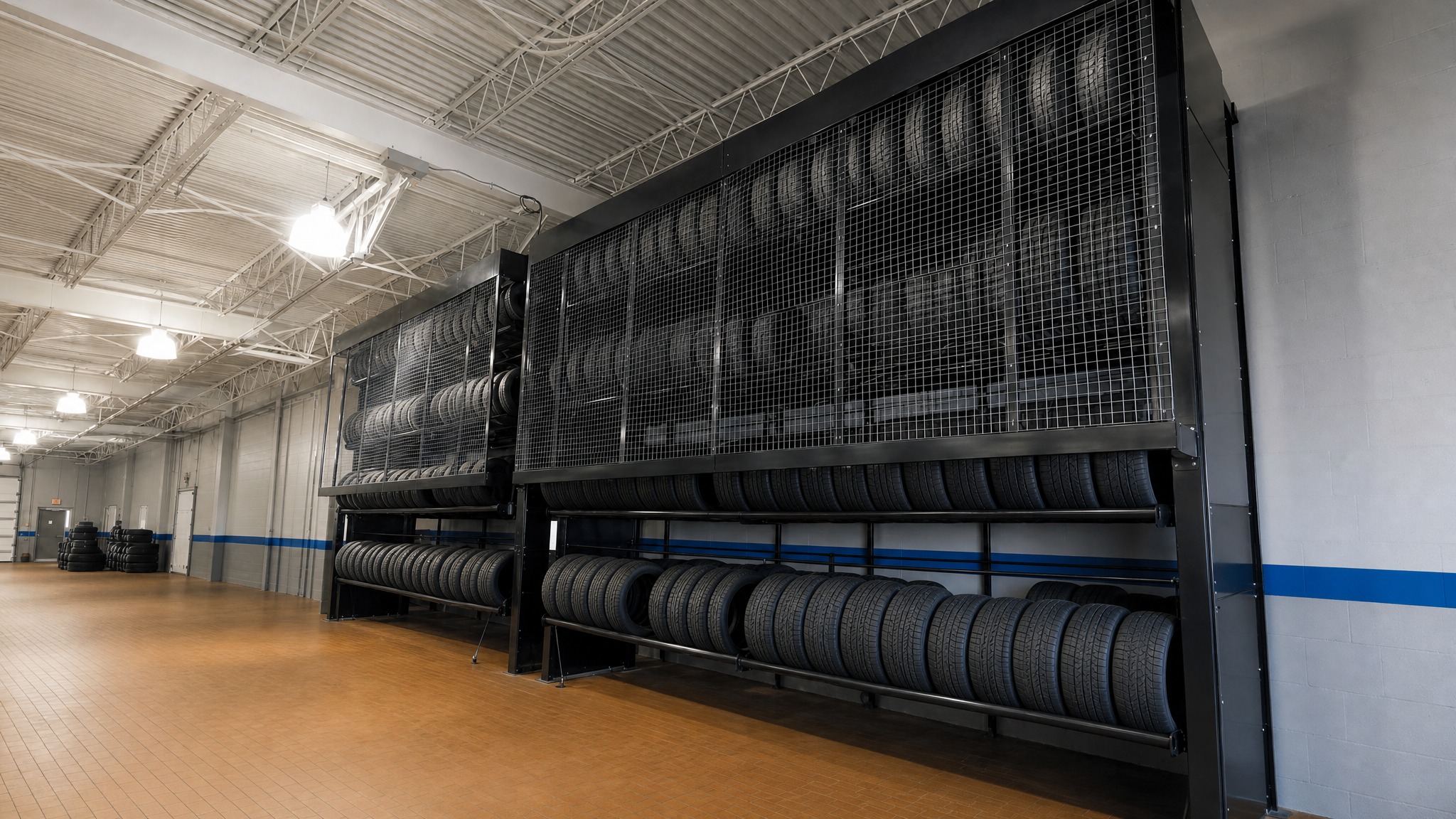 Large tire carousel racks filled with multiple rows of tires in an industrial room.
