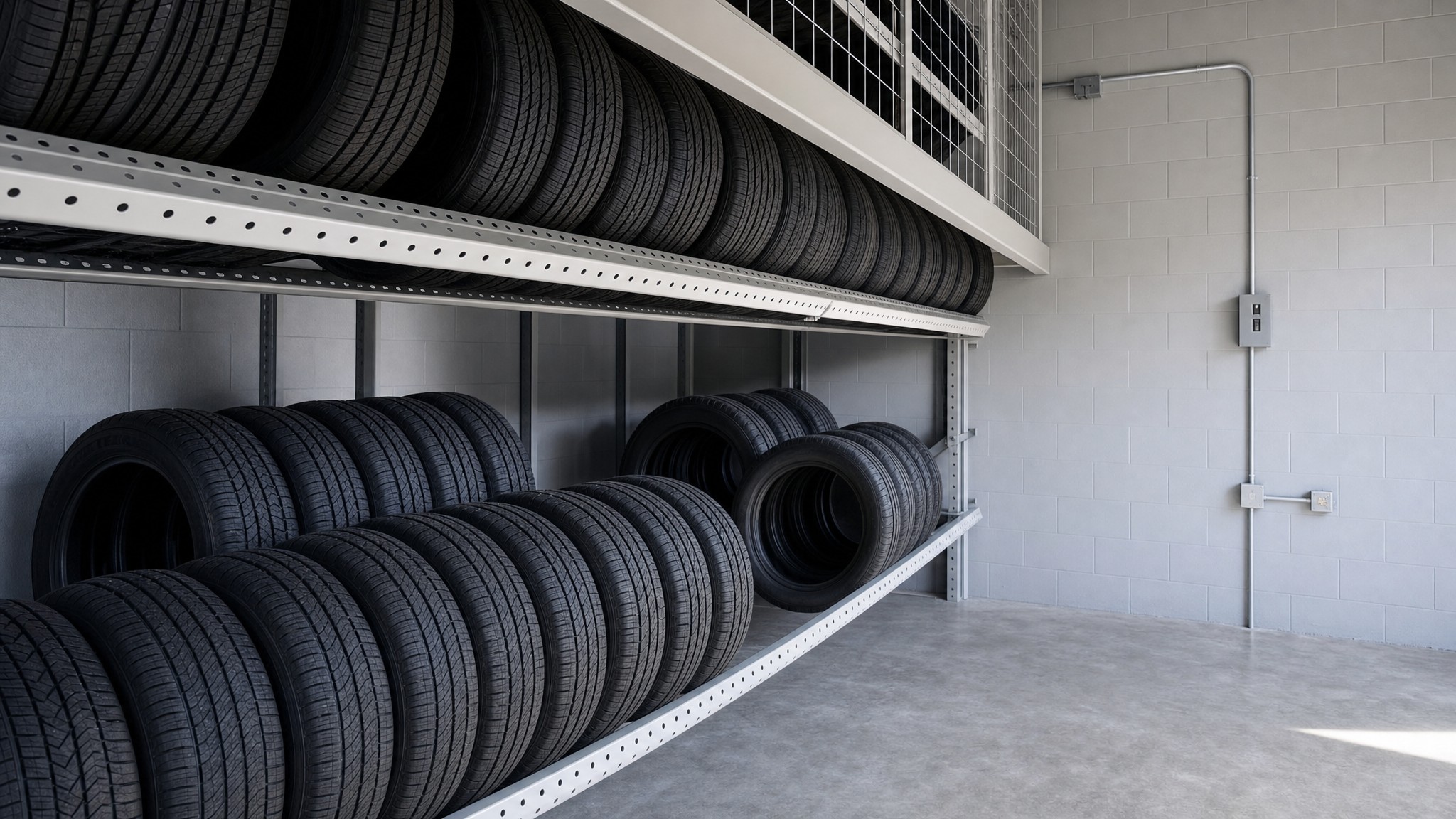 Metal tire carousel with two levels of horizontally stored car tires in a concrete room.